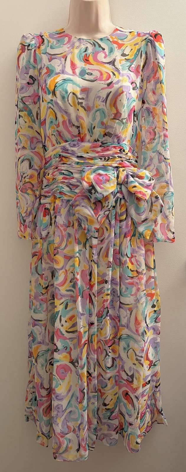 VINTAGE 80’S MISS ELLIETTE WOMENS PASTEL WATERCOLOR CHIFFON DRESS XS RUCHED BOW