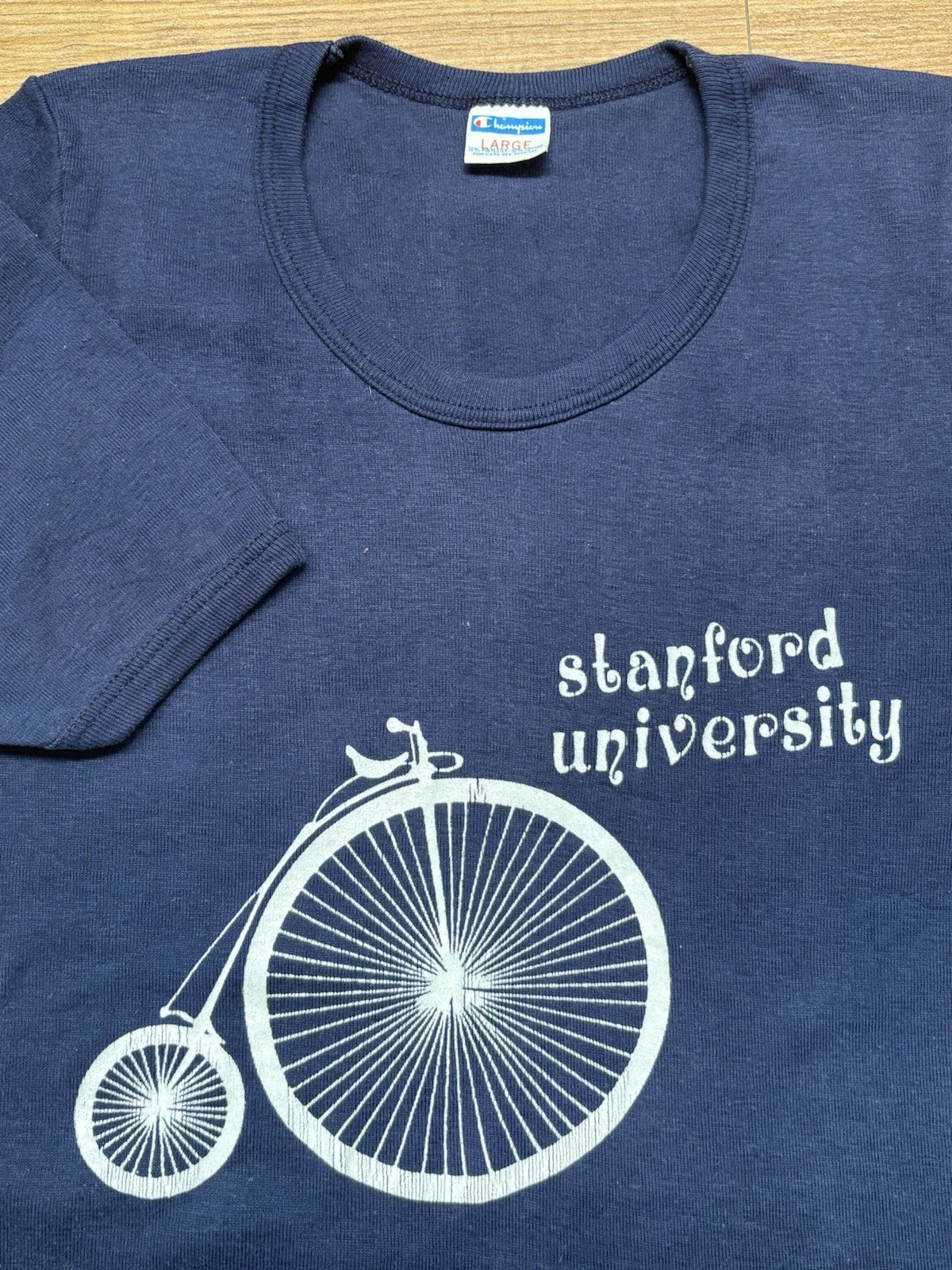 Vintage 70s Champion Stanford University Penny Farthing Bicycle Shirt Womens L
