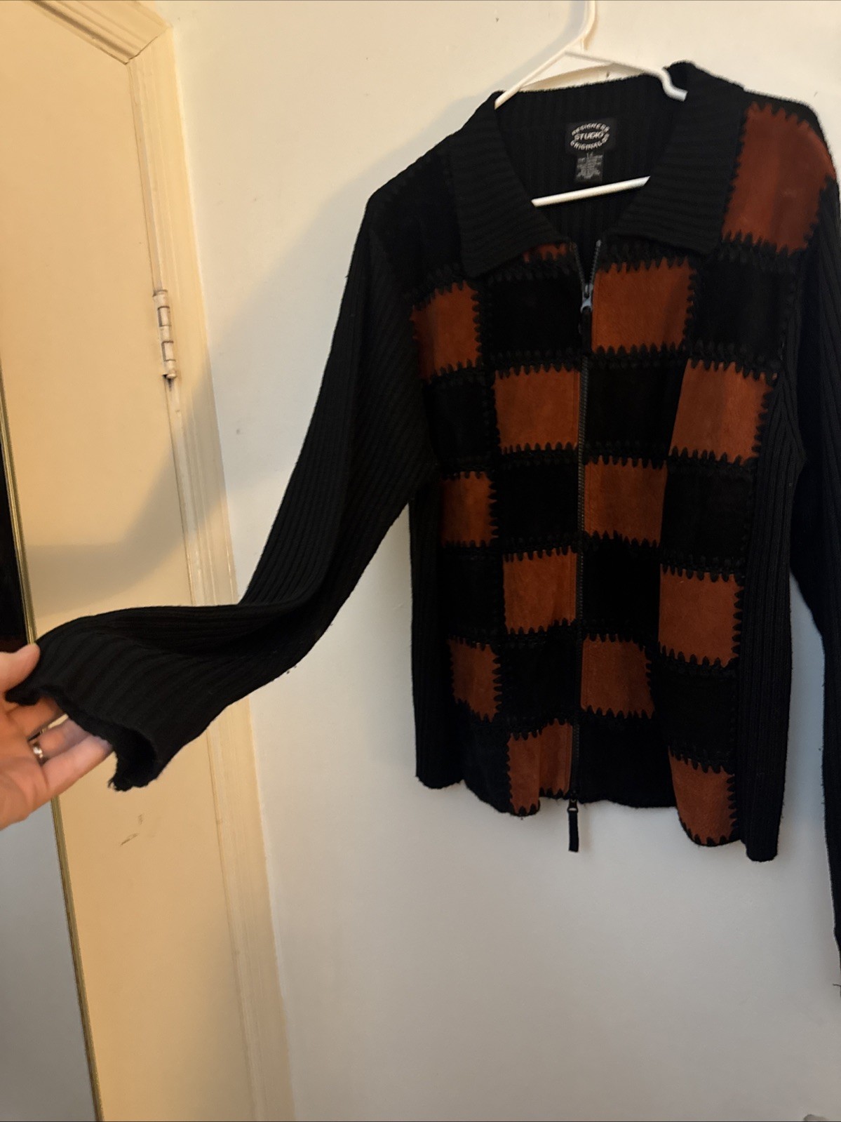 Vintage Designers Originals 1X Leather Patchwork Ribbed Sweater Zipper Retro Y2K