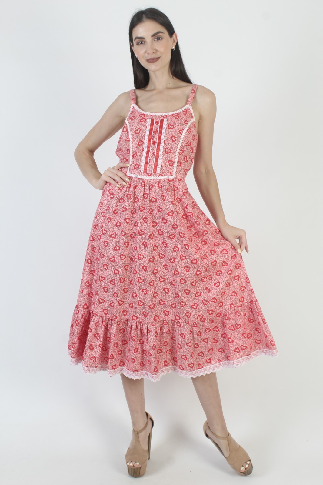 Vintage Red Heart Print Dress Calico Crochet Lace Boho Prairie Cottage Sundress