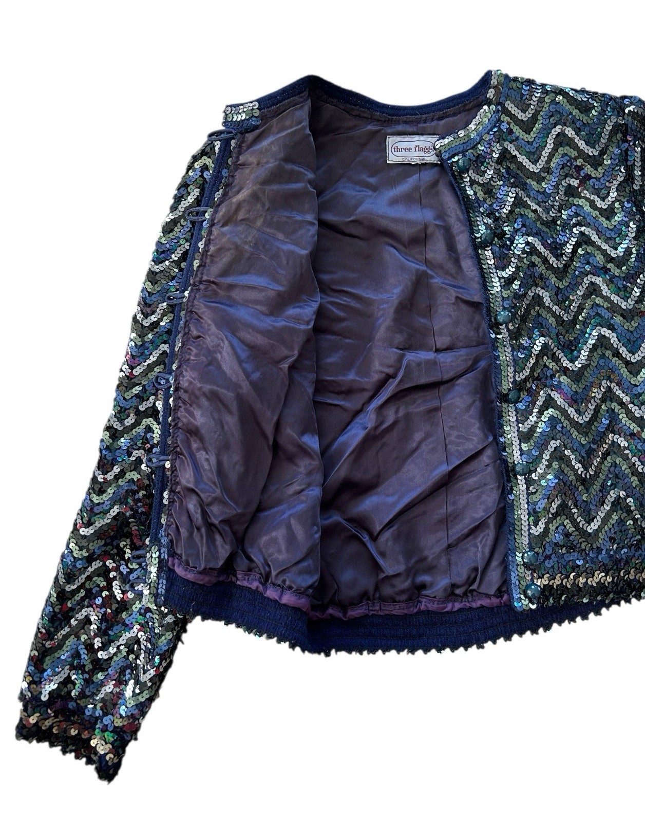 Vtg 70s 80s THREE FLAGGS Blue Green Sequin Button Front Jacket XS/S Disco Glam