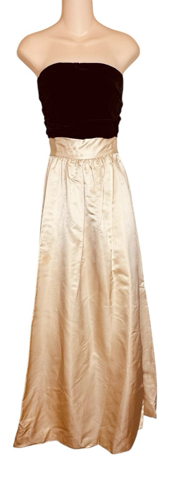 Vintage 50s Ivory Heavy Satin & Brown Velvet Ruched Strapless Evening Dress XS/S