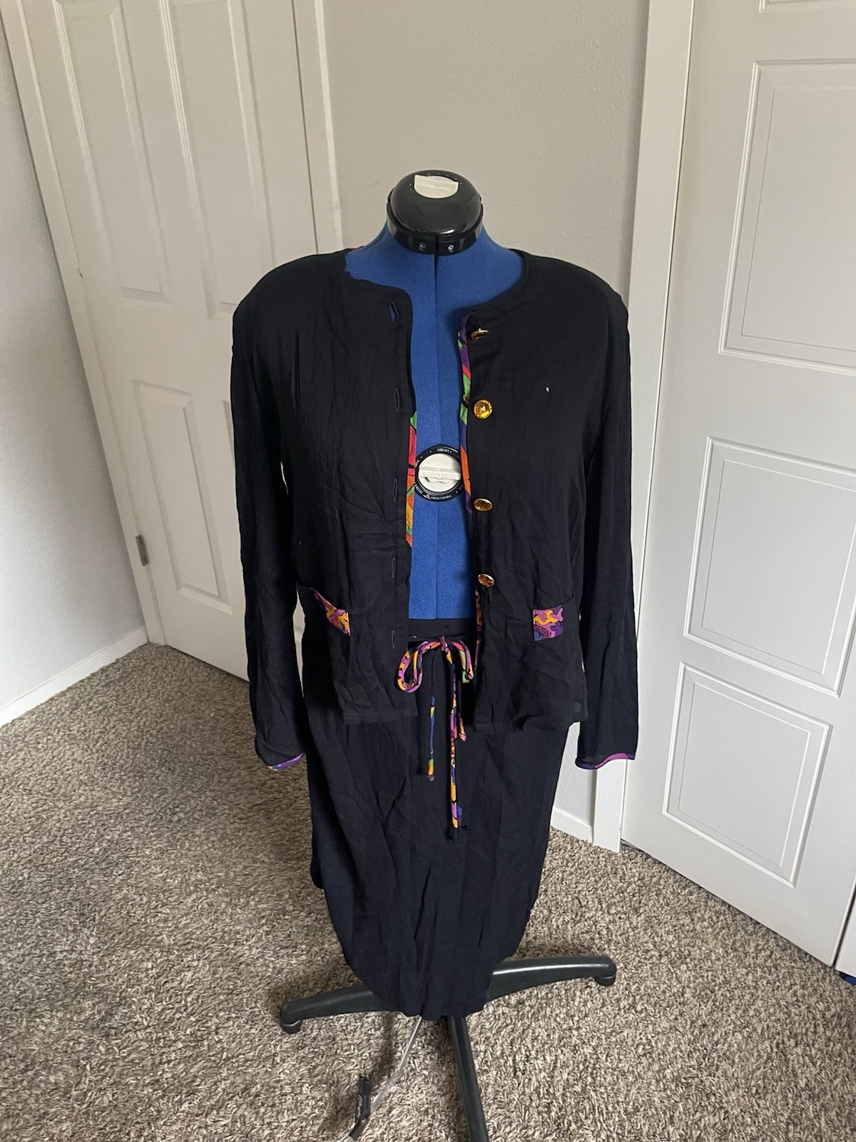 1980s Alessandra Sz Medium Black and Multicolor Trim Top/Skirt Set w Gem Buttons