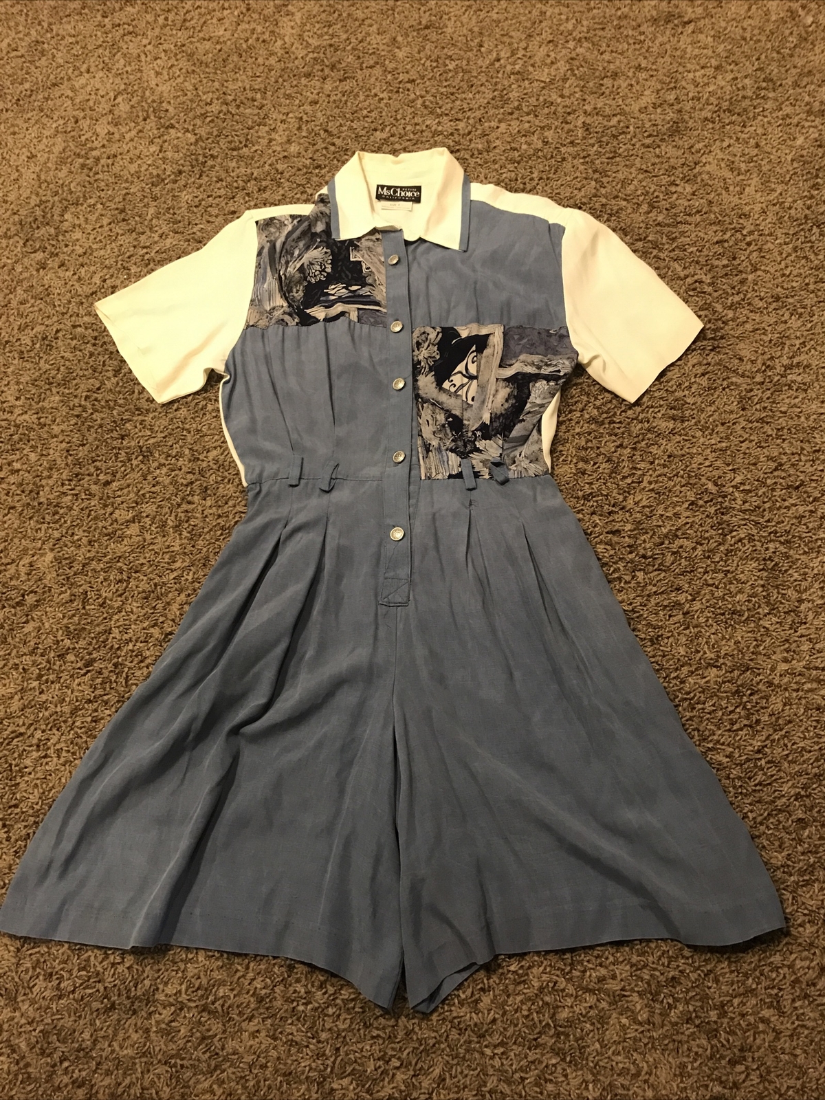 Ms Choice Women Dress 8P Floral Blue Long Romper Short Sleeve VTG B22