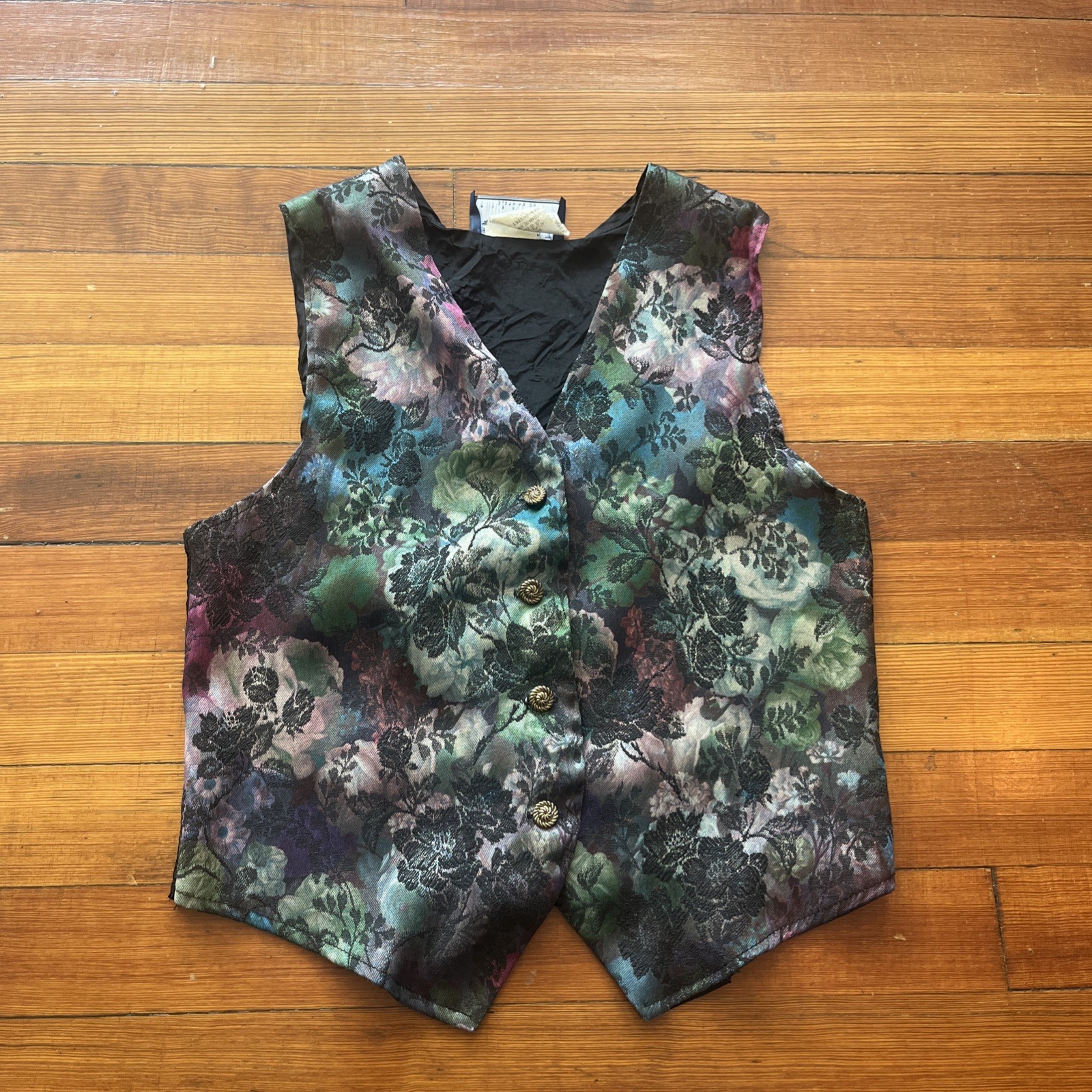 Vintage Best American Clothing 90s Black Floral Tapestry Vest Medium Made In USA