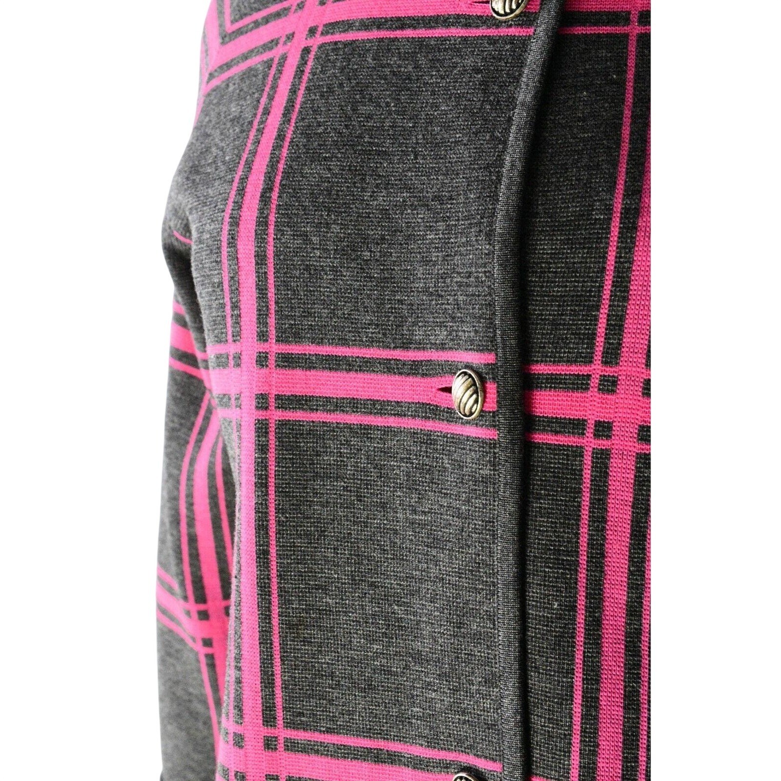 60s Vintage 100%Wool Hot Pink Knit Jacket Womens M Band Collar Plaid Sweatercoat