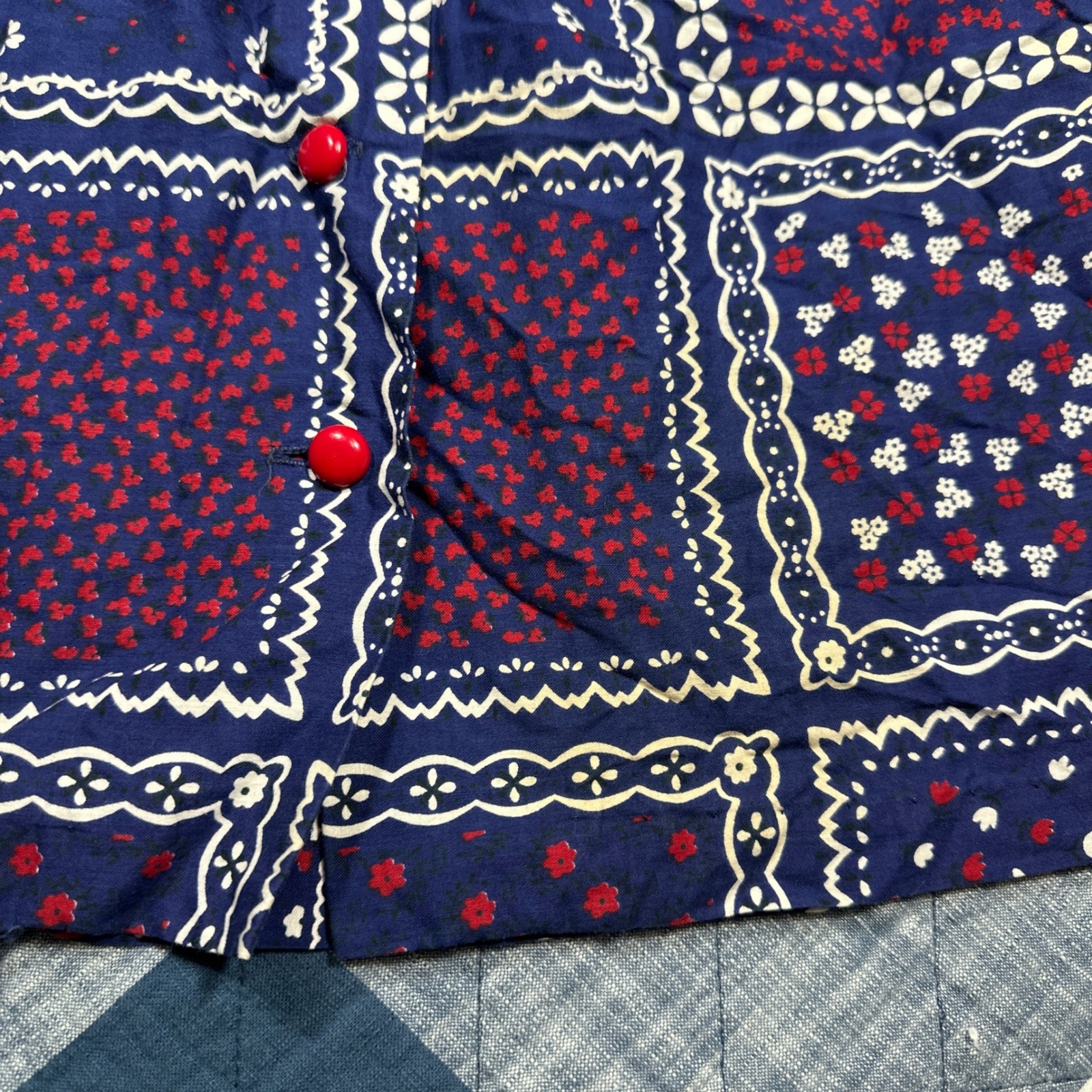 Vintage 70s Patchwork Bandana Prairie Dress Navy Red Button Down Modest Juniors