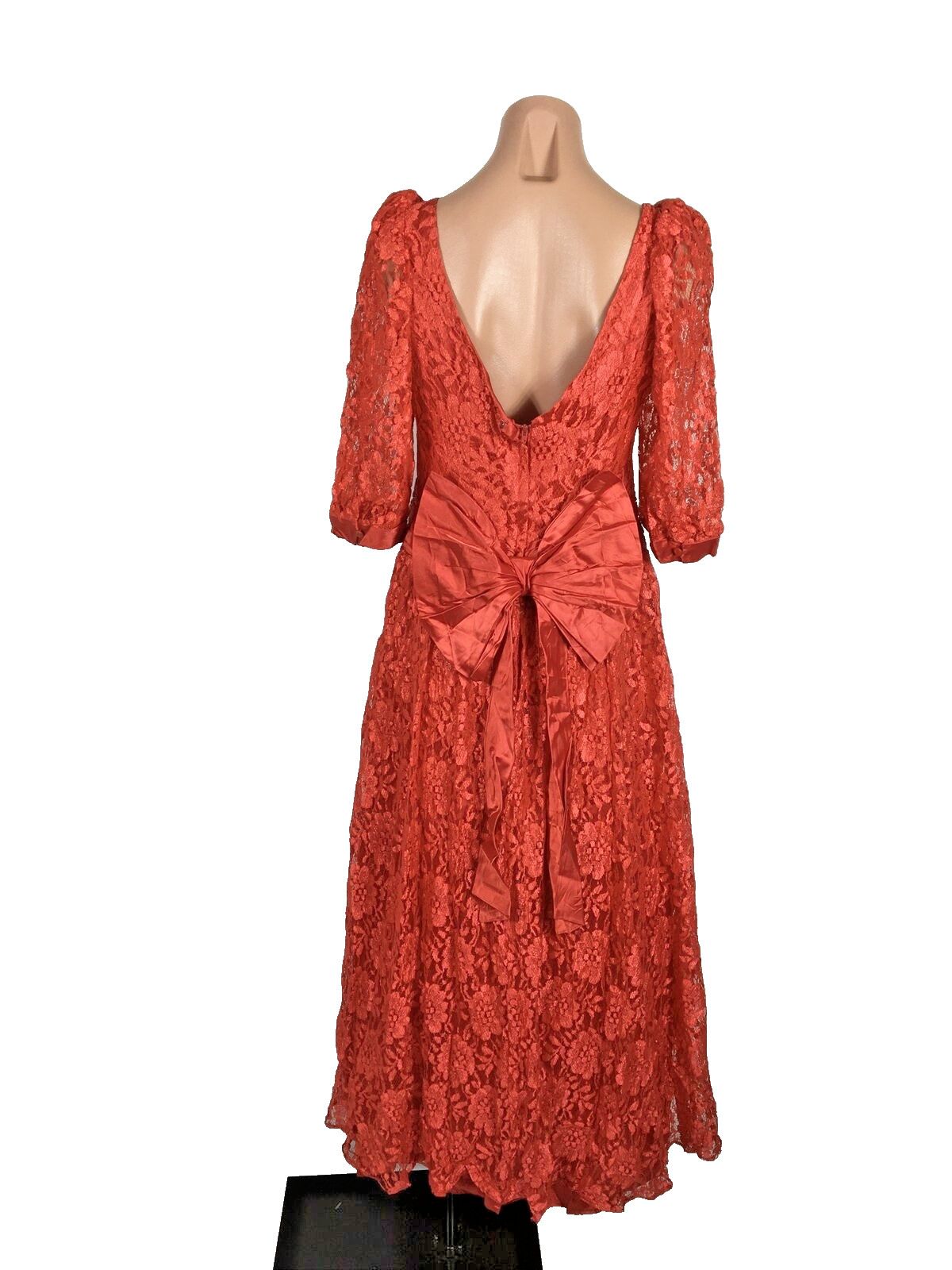 VTG 80s Prom Red LACE PUFFY BUBBLE SLEEVE Party Formal Bows Evening Dress Gown S