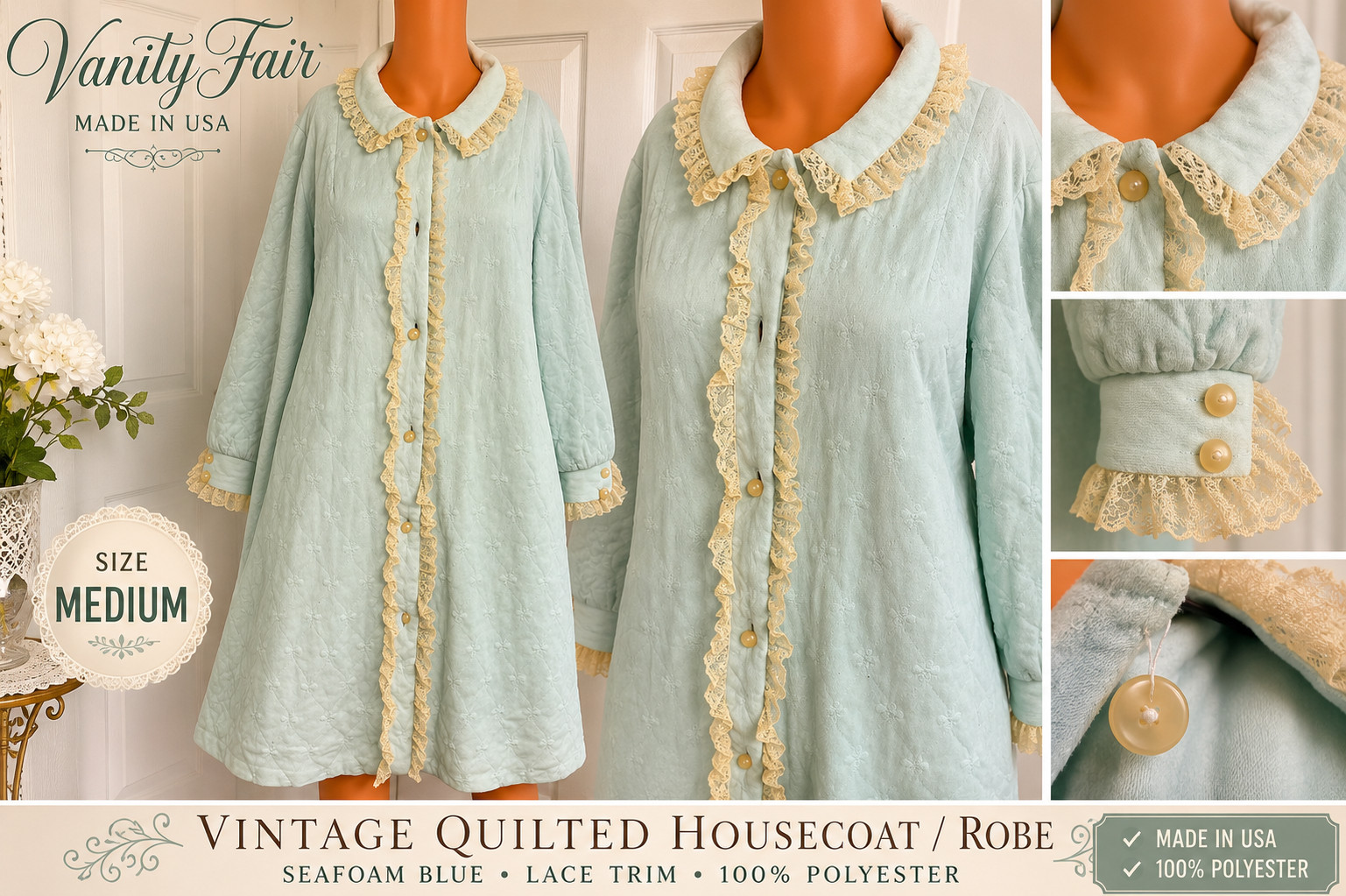 Vintage Vanity Fair Quilted Housecoat Robe – Women’s Medium – Blue Lace