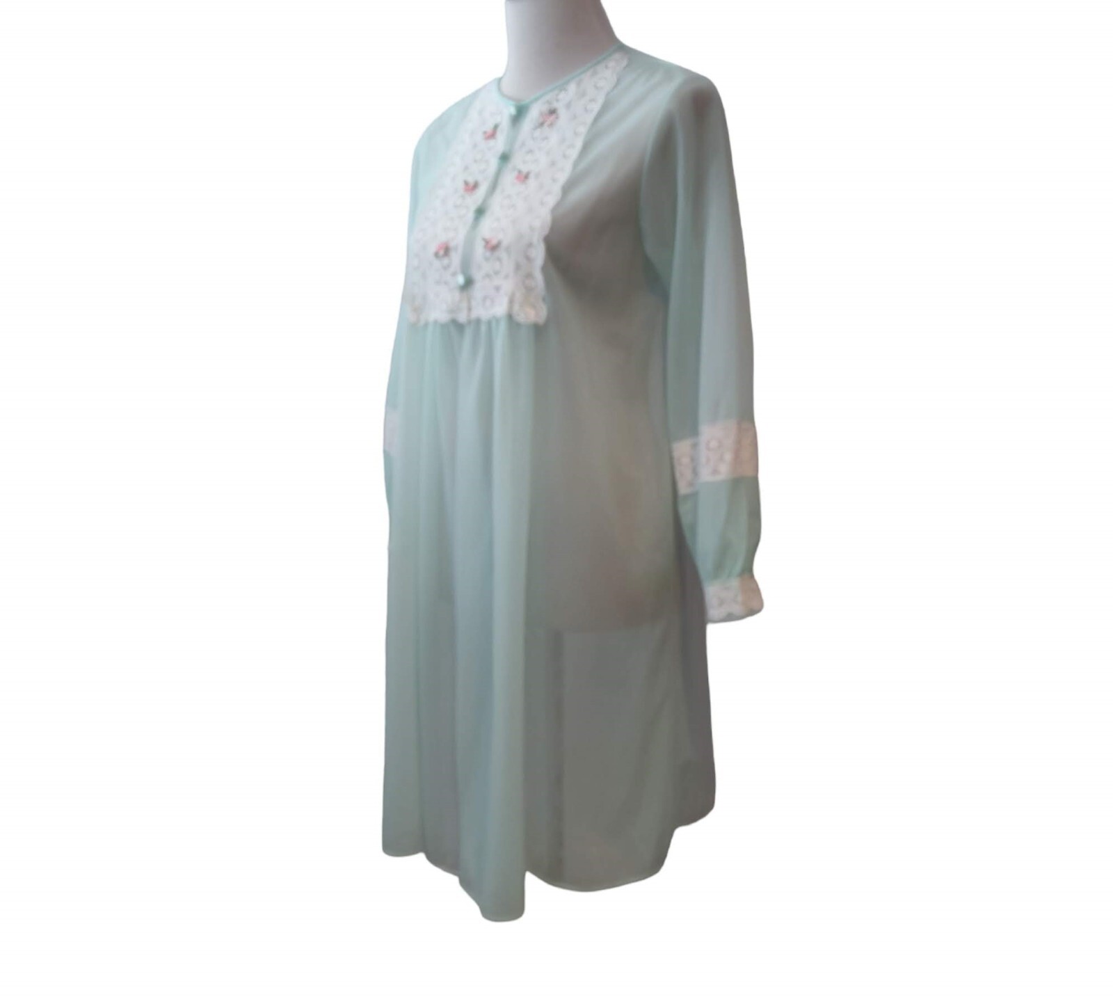 Gilead Womens Vtg Mint Green Lace 1/4 Button Lightweight Semi Sheer Nylon Robe S