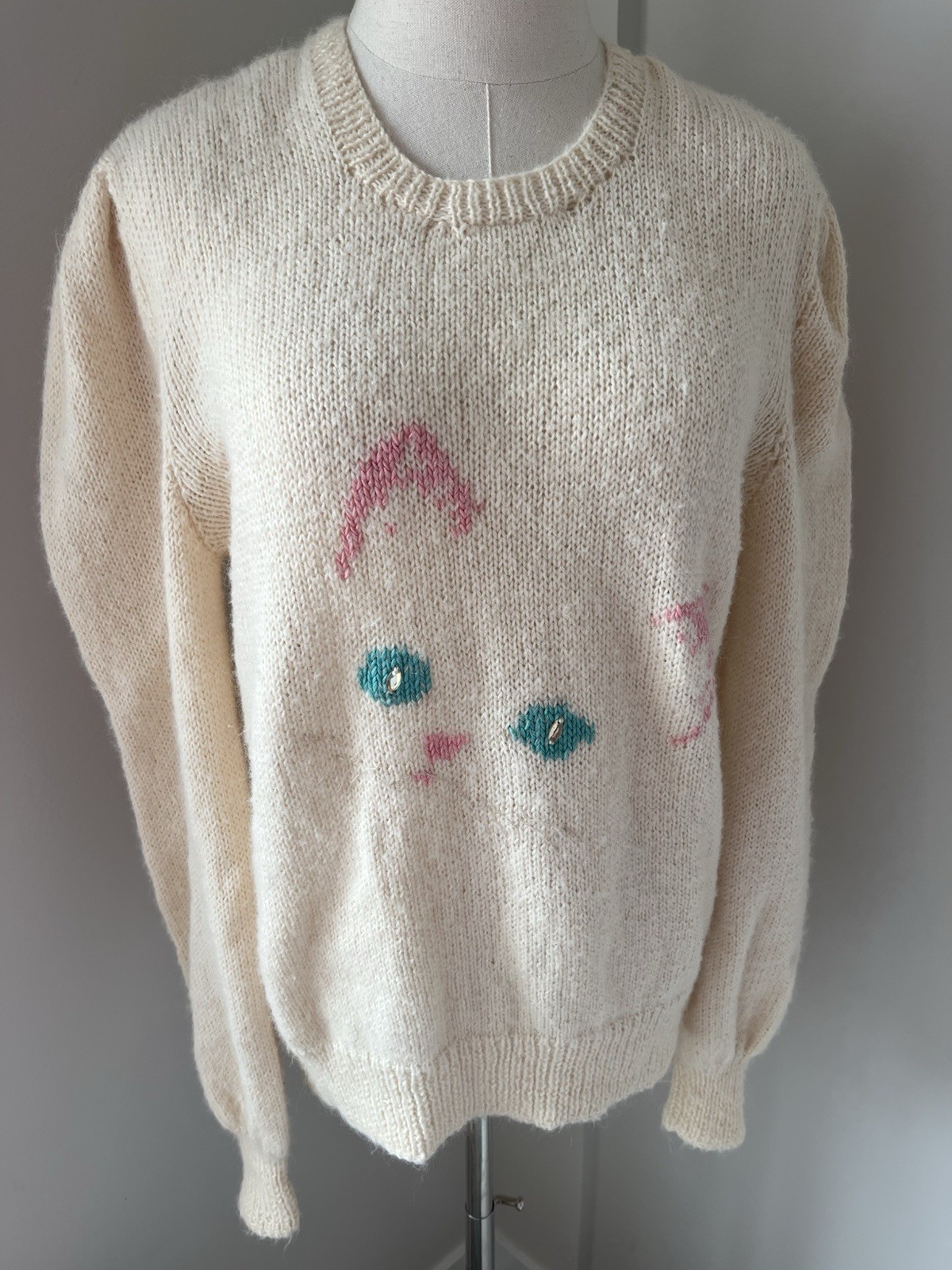 Vtg 80s Mohair Blend Knit Cat Sweater Cream Pink Teal Puffy Sleeve Kawaii Sz L