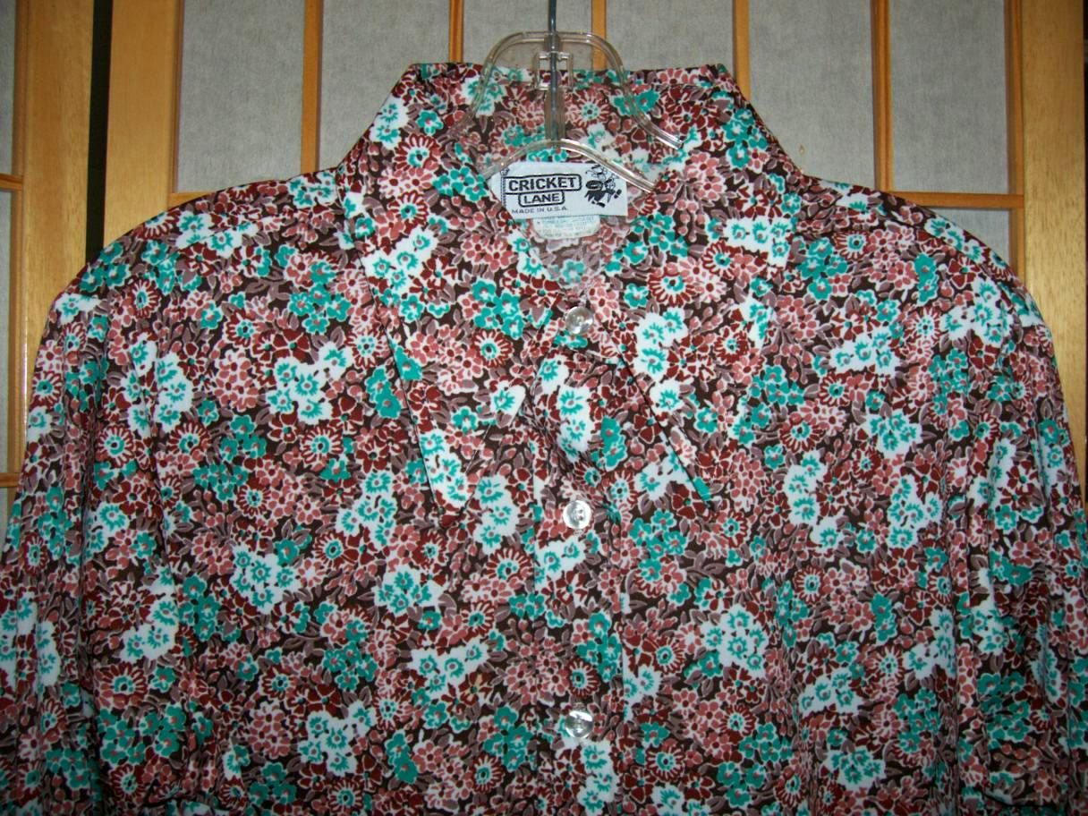 EUC Vtg 1970s Cricket Lane COOL EARTH TONES FLORAL PRINT LS SHIRT Fortrel Sz M