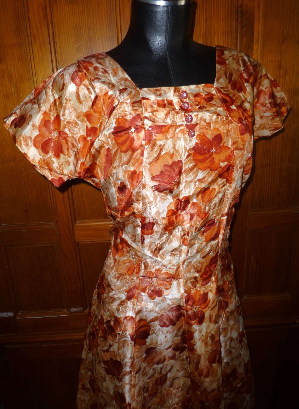 Vtg 50s 60s Watercolor Floral Print satin Princess Seam Wide Skirt DRESS M