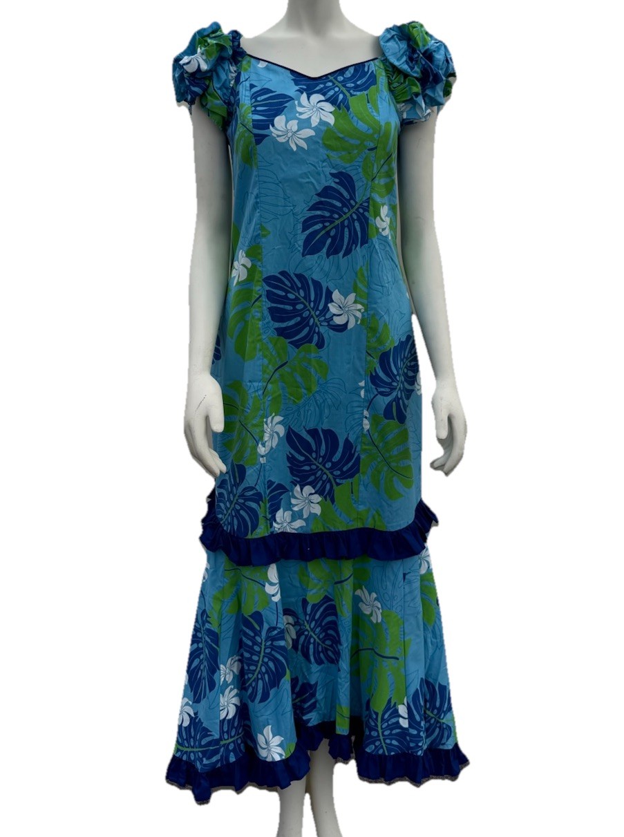 Vintage Hawaiian Mu’u Mu’u Dress Medium Blue Floral Hoku Made In Hawaii Gown