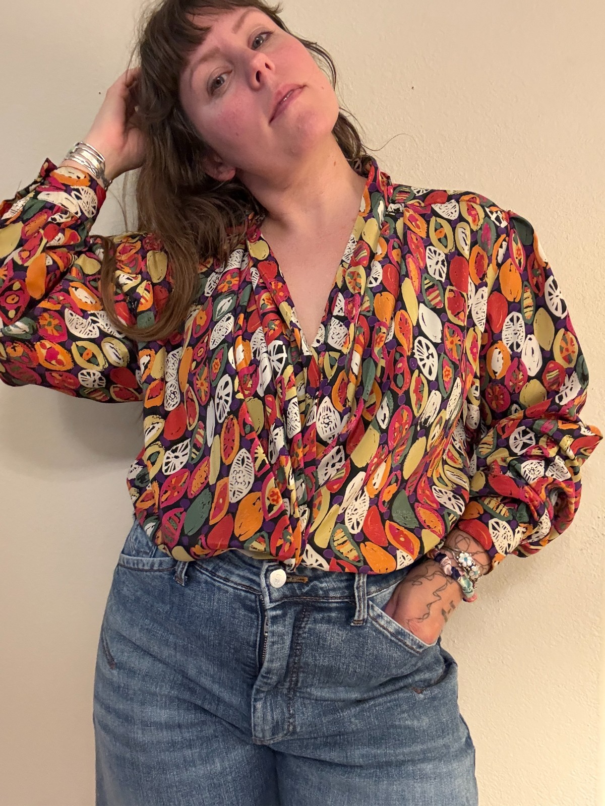 Vintage Marlis Bright Fruit Novelty Print Deep V Neck Blouse XL