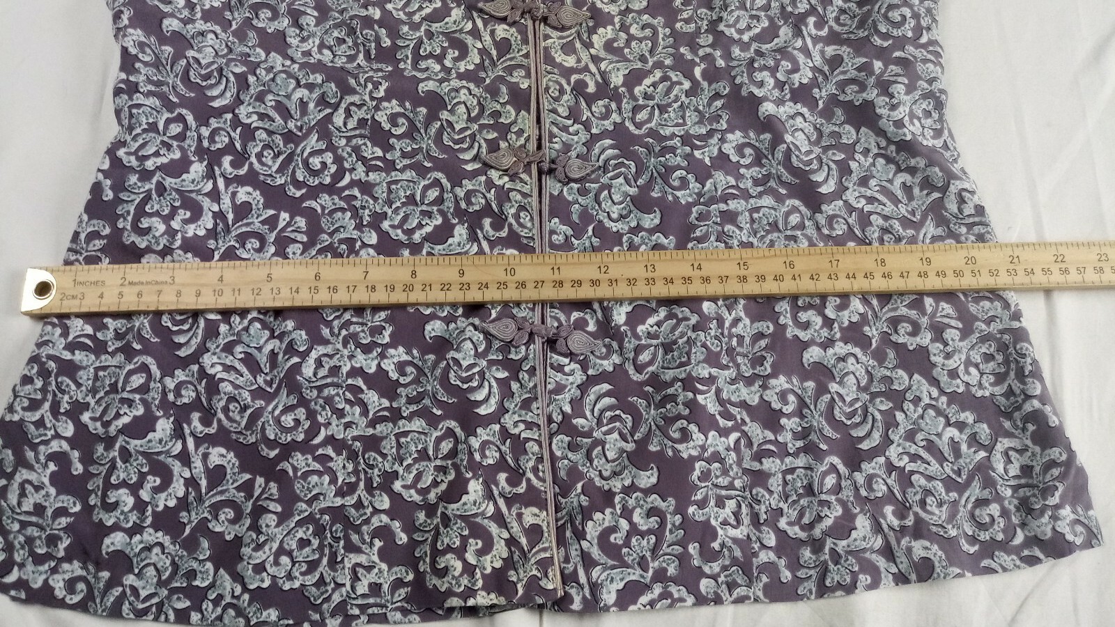 May King High Fashion Jacket Oriental Brocade Satin Gray Frog Buttons Size 13