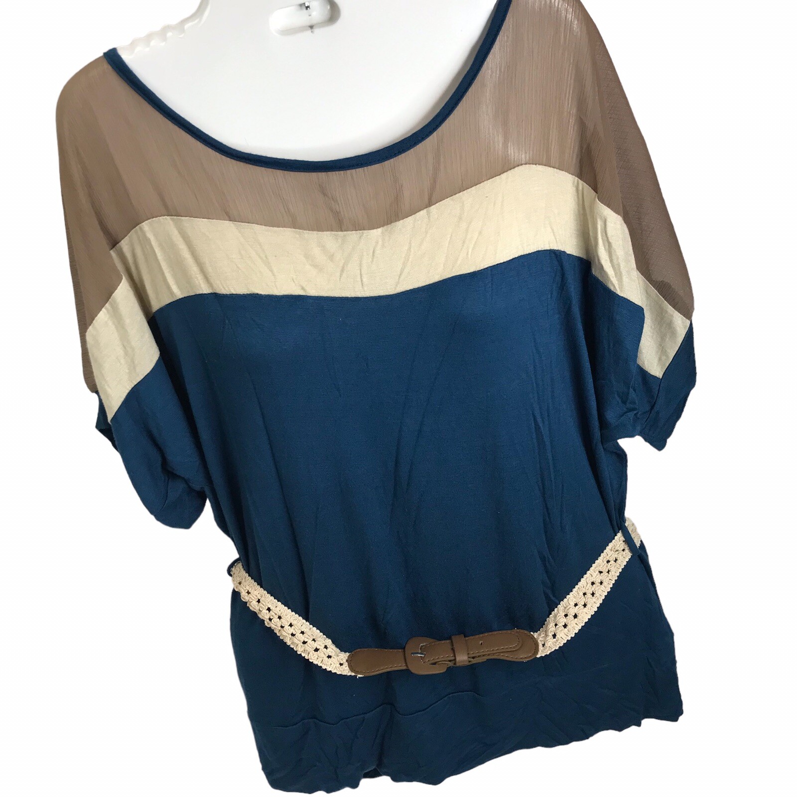 Vintage Top Belted Color Block popover Polyester Blouse L/XL Belinda 80s 90s
