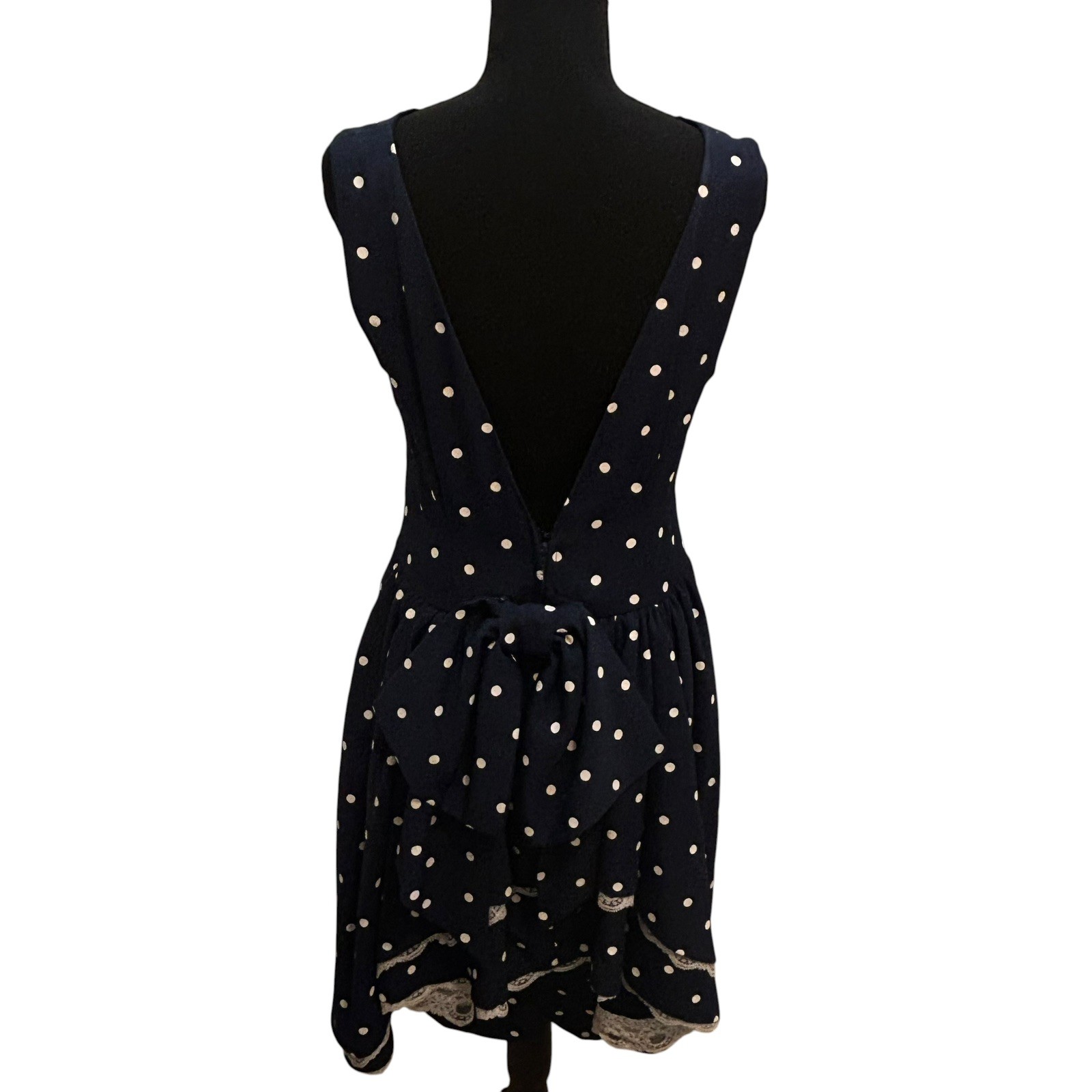 Vintage 1980s 1990s Polka Dot Dress Navy Blue Bow Lace Trussel Size XS or S