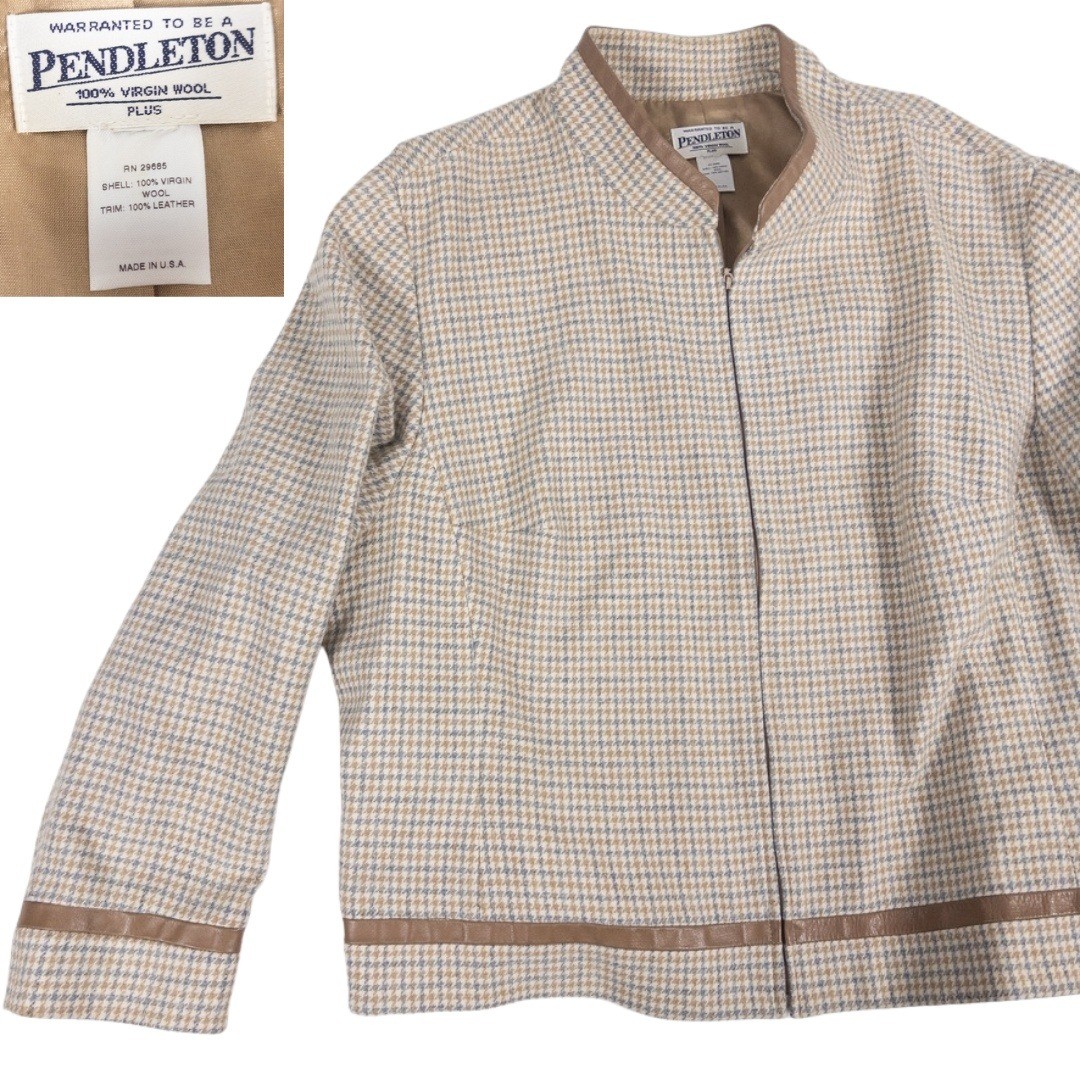 Pendleton Wool Jacket Womens Plus Tan Blue Houndstooth Leather Trim Vintage 80s