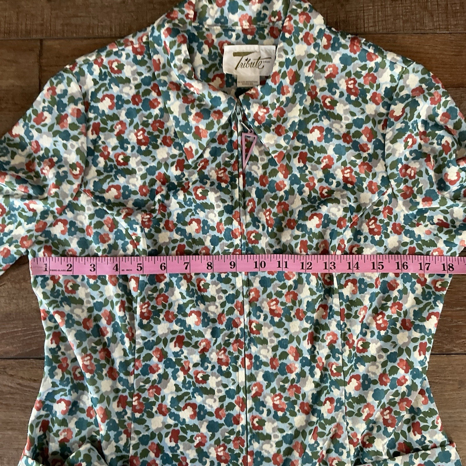 70s VINTAGE Tribue Floral Zip Front Midi Dress Women’s Size S Blue #33B9