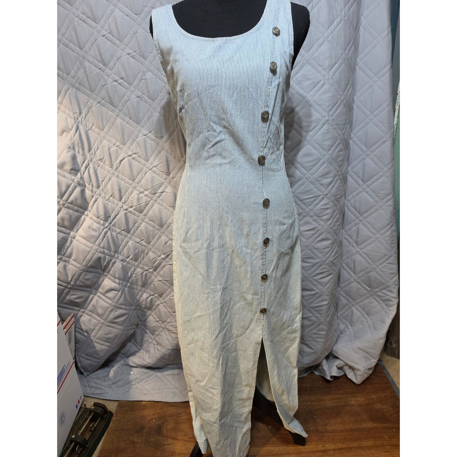 Paris Sport Club Vintage 90s Hickory Stripe Denim Maxi Dress Blue White Size 7