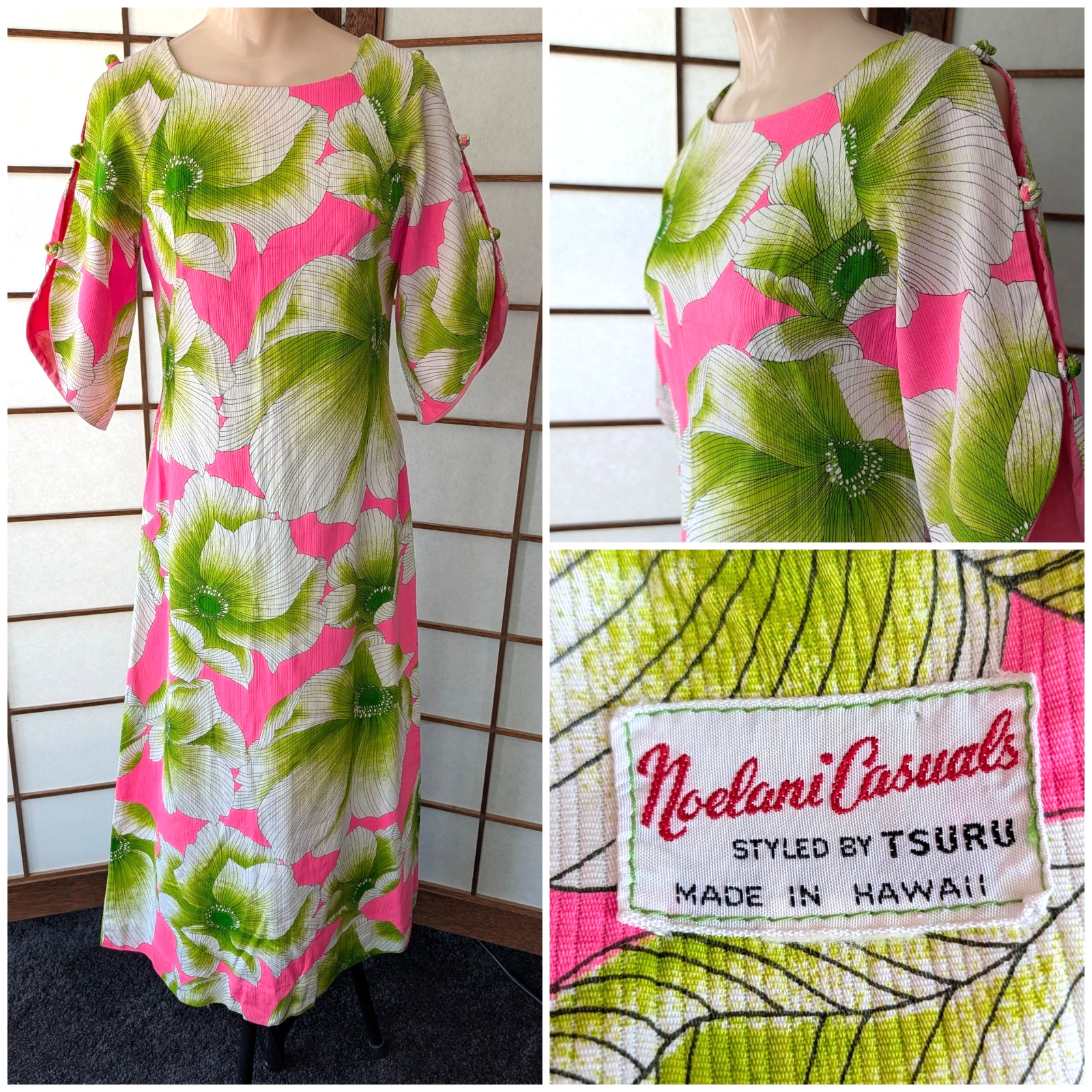 Vtg 60S Noelani Casuals Tsuru Hawaiian Maxi Dress Pink Green Peek-a-boo Sleeves