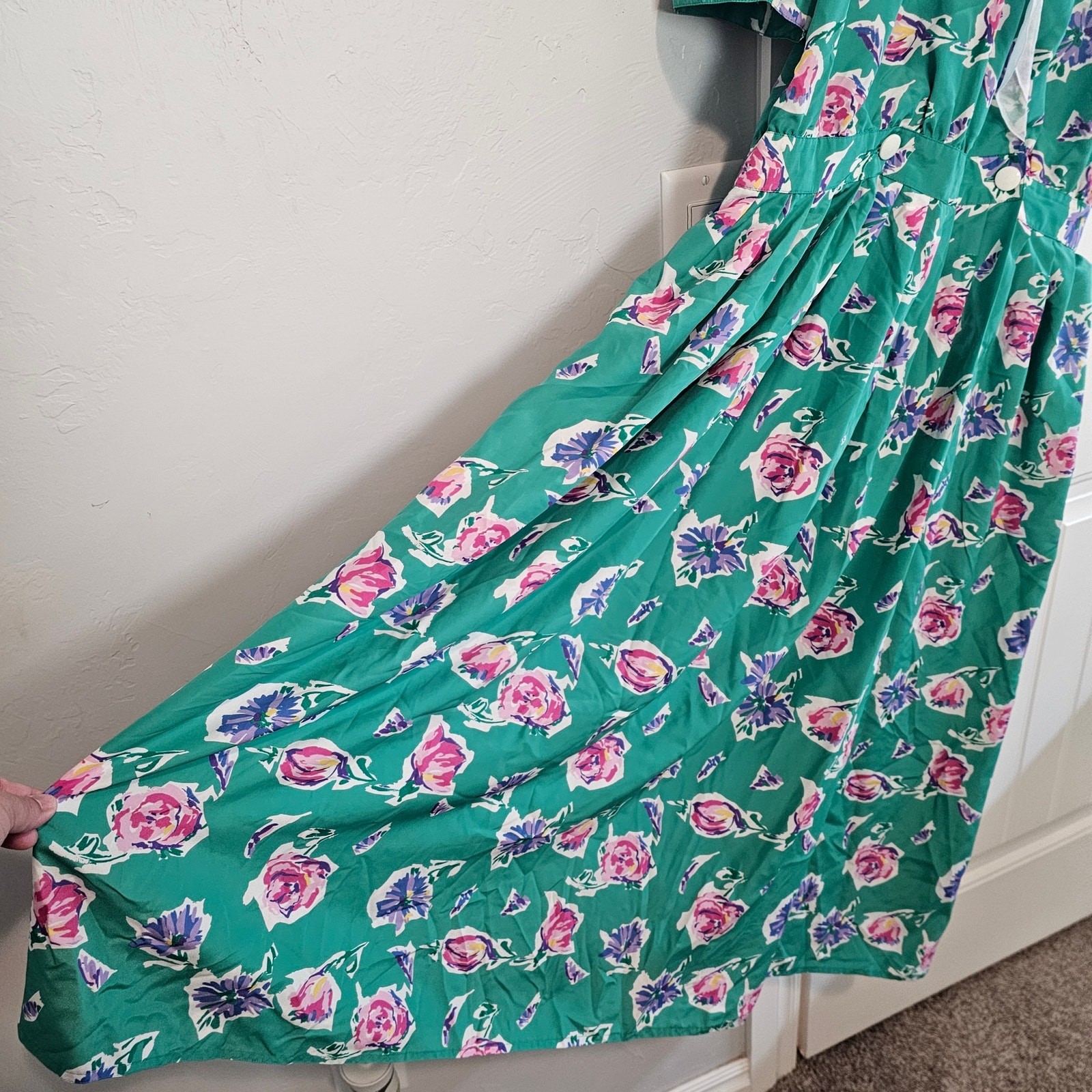 Vintage 90s Maggy Boutique Dress Women Sz 16 Green Floral Pleated Preppy Cottage