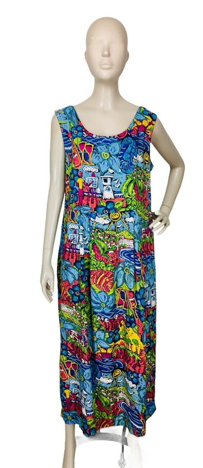 Vintage 80s Kahala Colorful Abstract Floral Sleeveless Hawaiian Maxi Dress