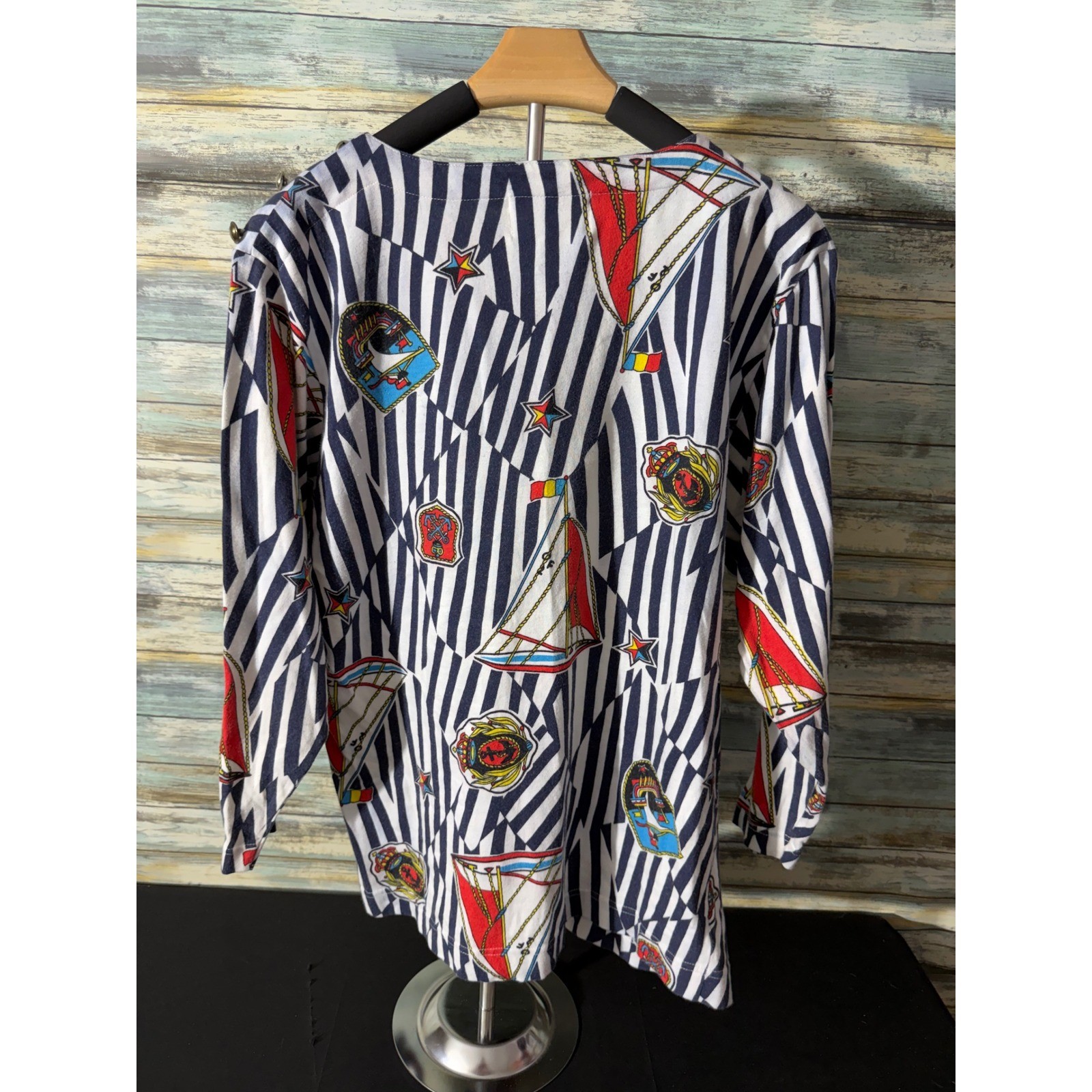 Anne Klein Knitwear Top S Navy White Vintage Nautical Sailboat Button Excellent
