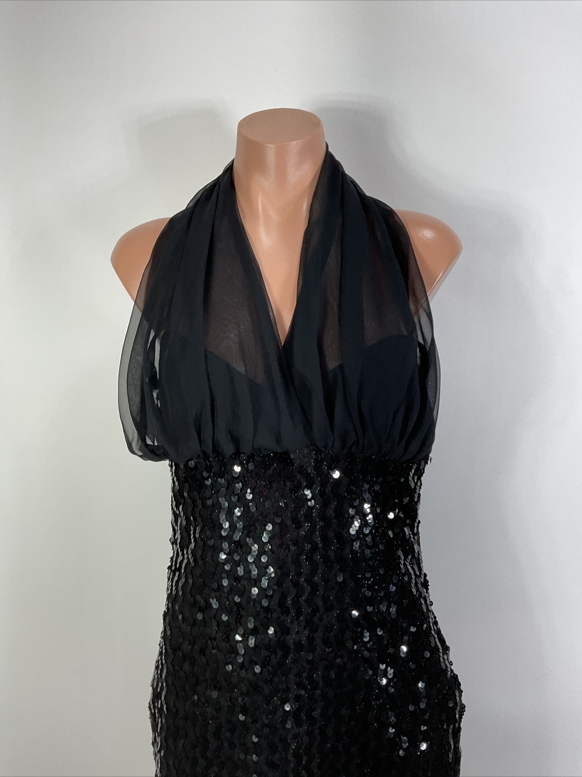 Vintage 90s L.A. Glo Sequin Black Metallic Chiffon Halter Disco Mini Dress 7/8