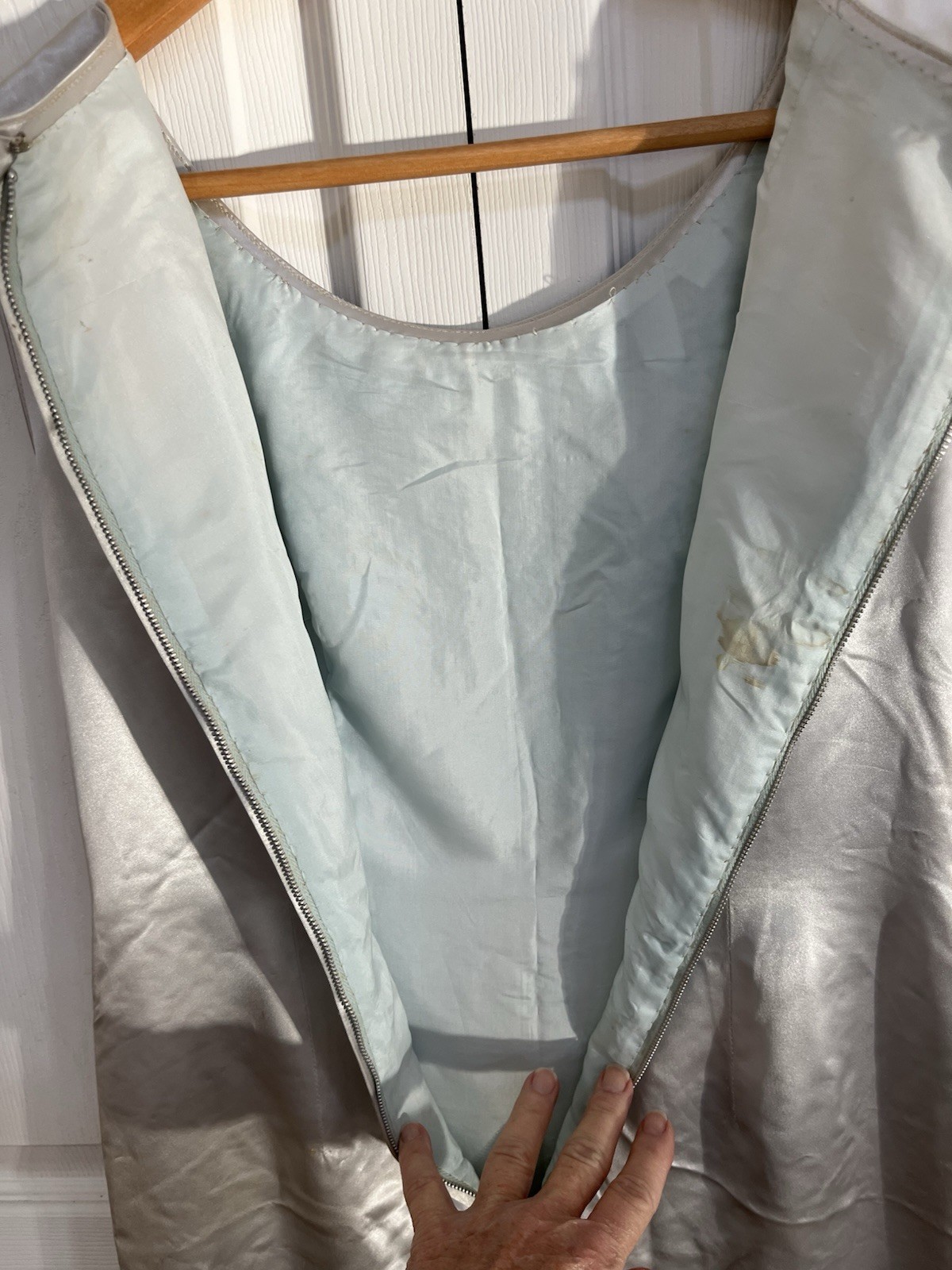 VTG 50/60s Satin Hand Beaded Sequin Light Blue Sheath Dress Sz Small Fish Koi