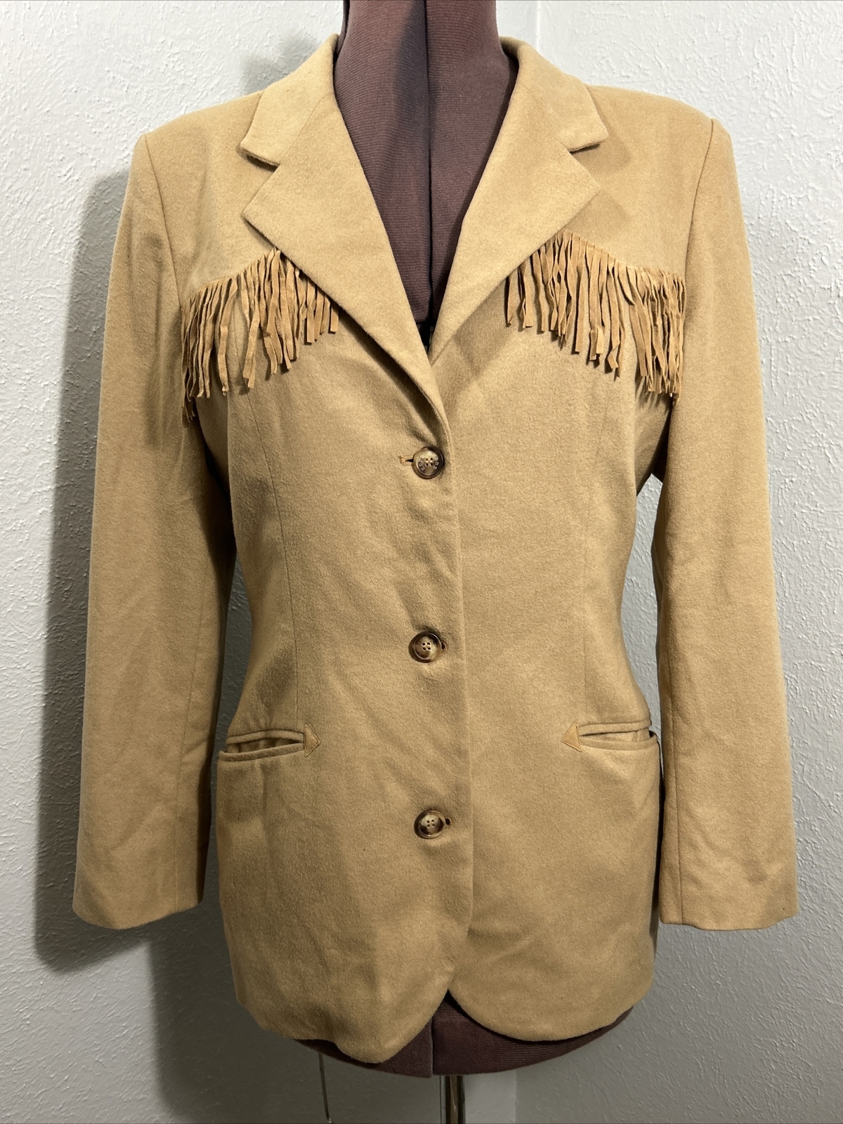 VTG KORS Michael Kors Italy Wool Western Blazer Leather Fringe Jacket Tan Sz 8