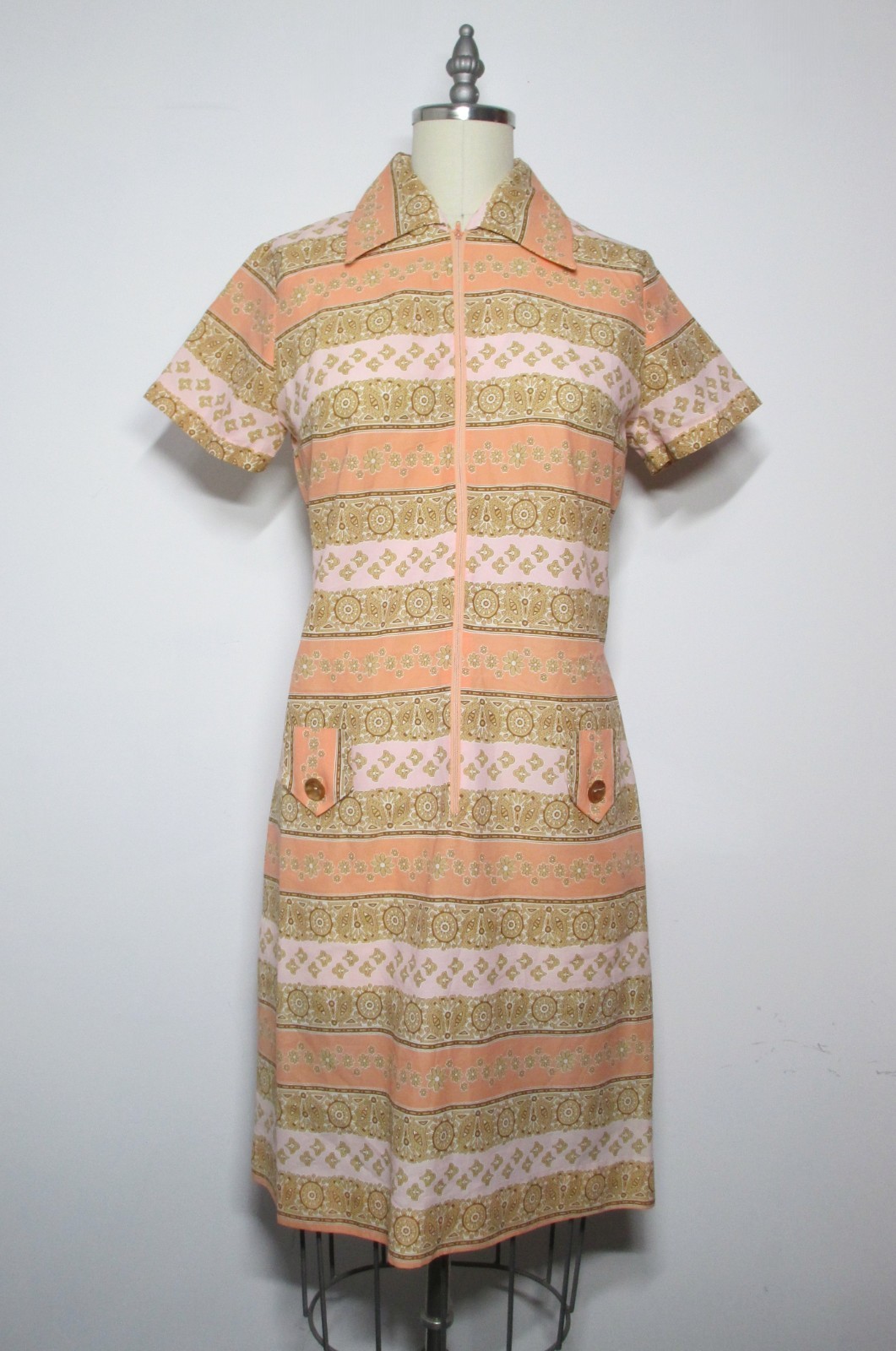 Vintage Lady Carol of NY Sheath Dress, Peach & Tan, Very Nice, Size M