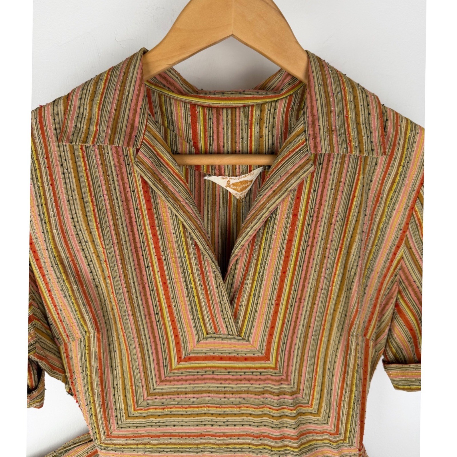 VTG Kerrybrooke Sears Striped Fit and Flare Dress Multi Color 1950s 60s V-Neck