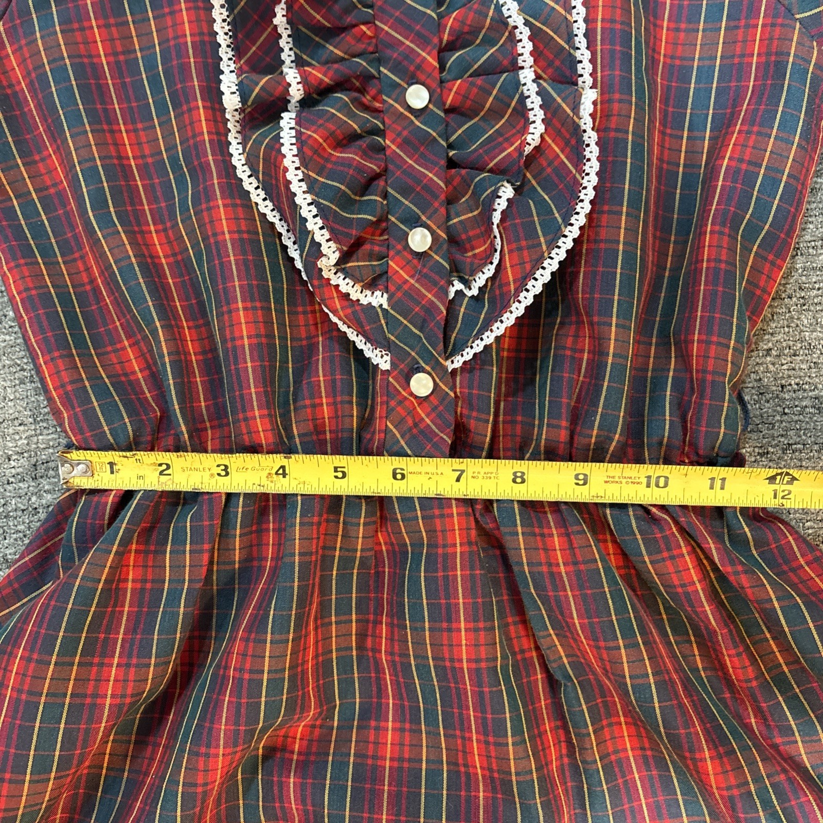 80’s Tartan Ruffled Front Plaid Red Green Yellow Plaid Western Prairie Dress
