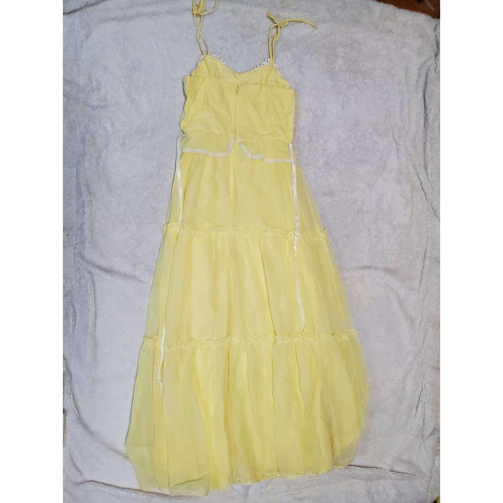Vintage Soft Yellow White Lace Spaghetti Strap Tiered Babydoll Maxi Dress 11 XS