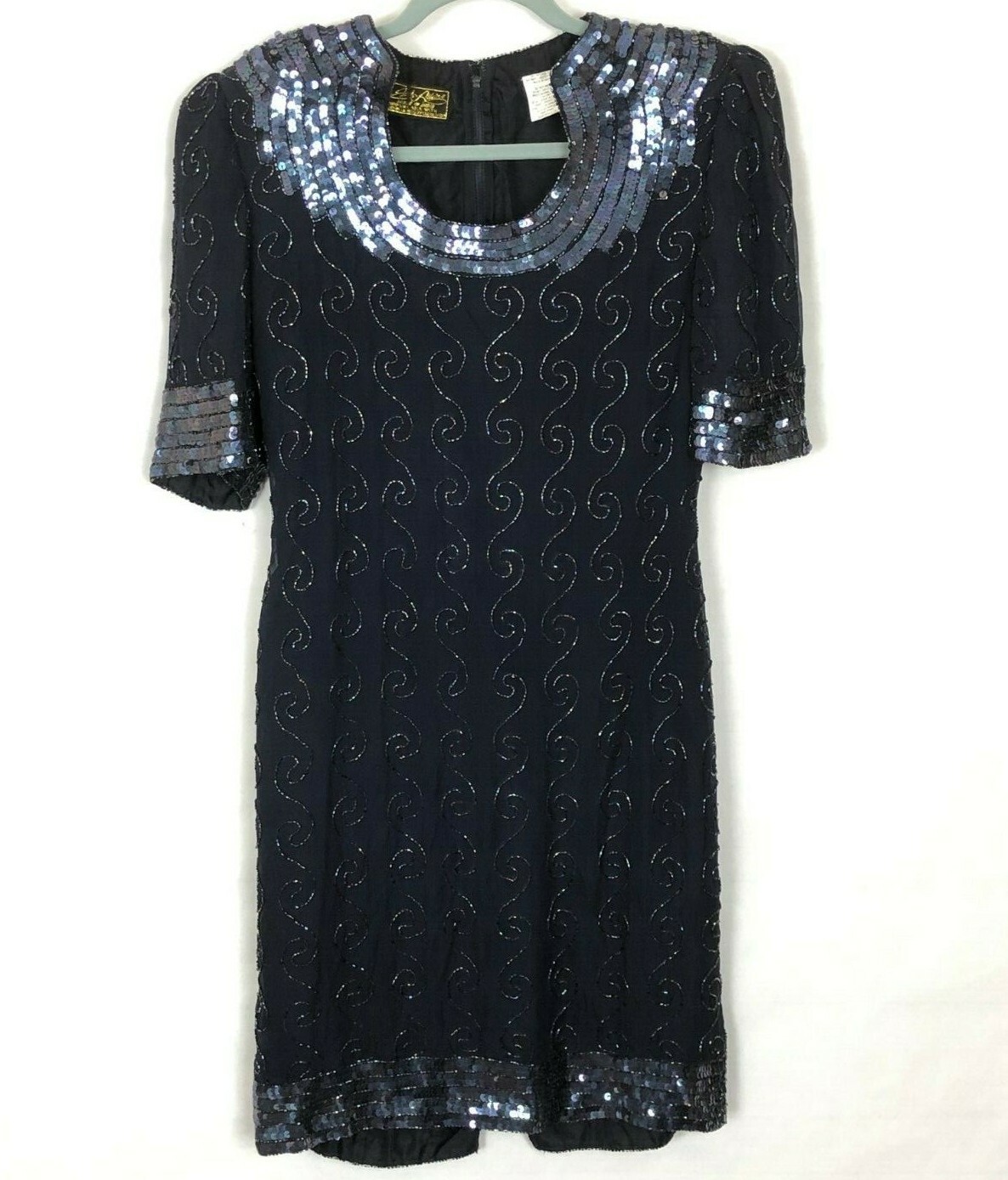 Vtg 80s Sequin Beaded Silk Dress M Glam Goth Dark Cocktail Sparkle Deco