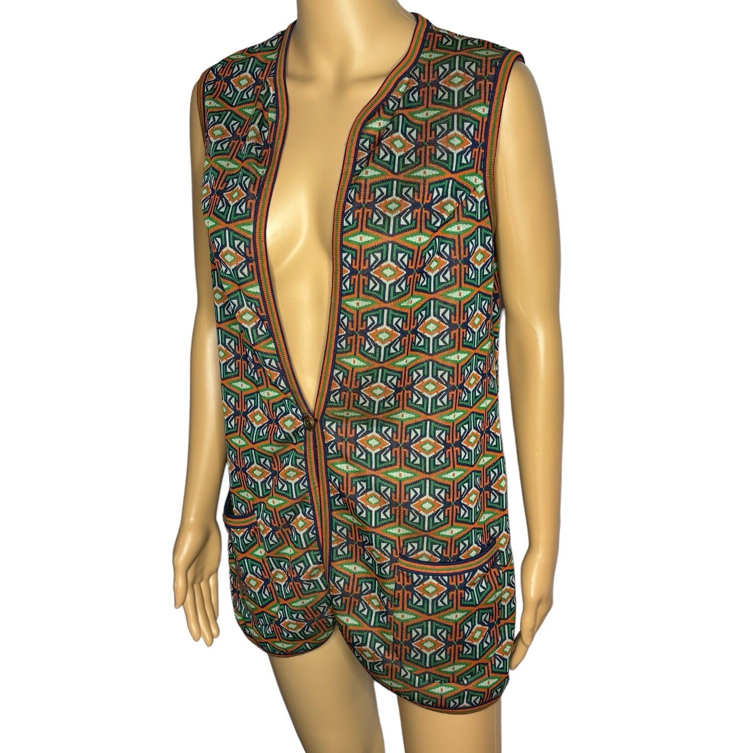 AILEEN Women’s Vest Size 12 Green Orange Blue Funky Pattern Button Front 70s VTG