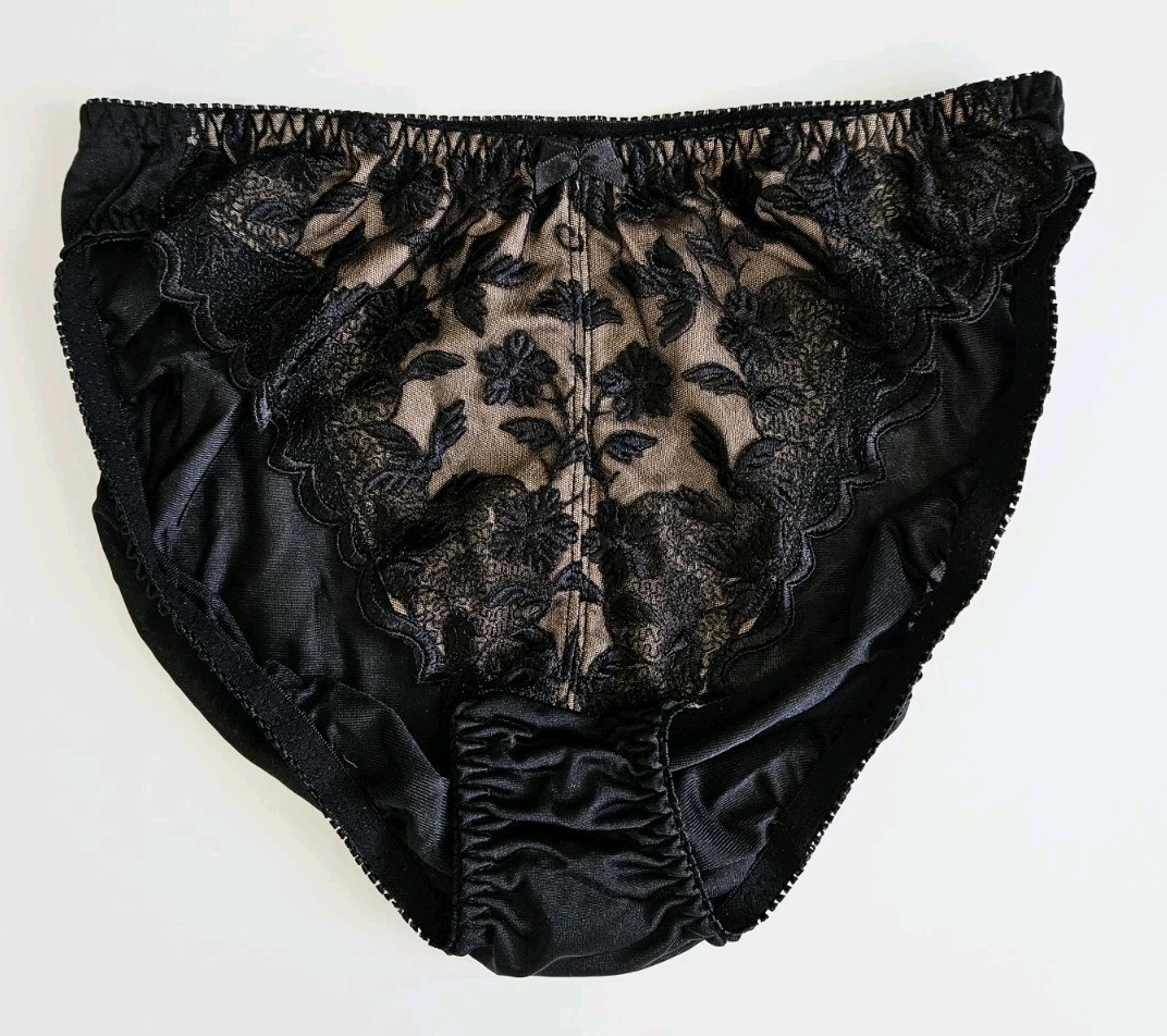 Vtg Victorias Secret High Cut Leg Panties Medium Black Lace Floral 1999 Tan NEW