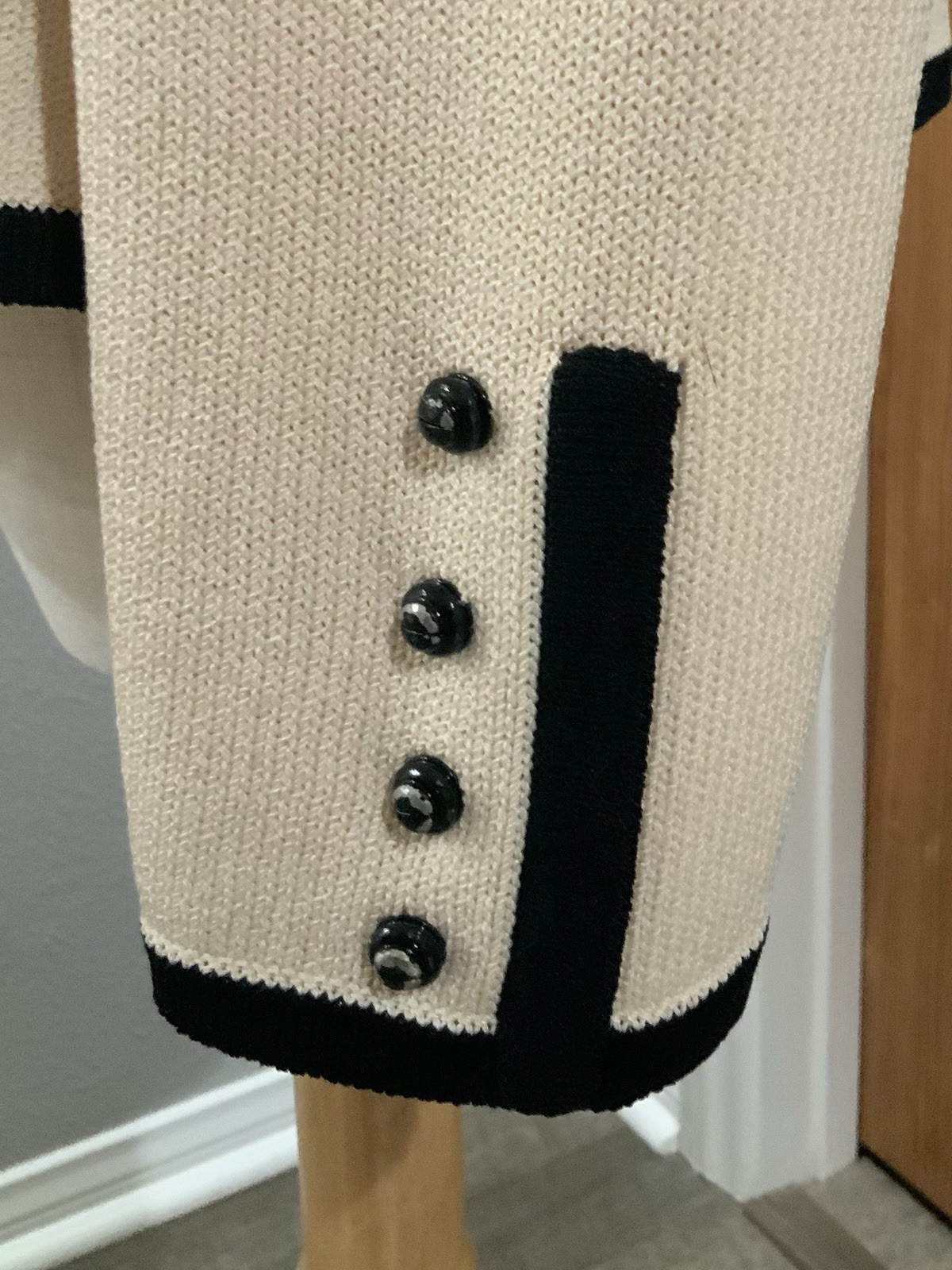 St John Vintage Zip Cardigan Sweater Cream /Black Decorative Buttons Size 4