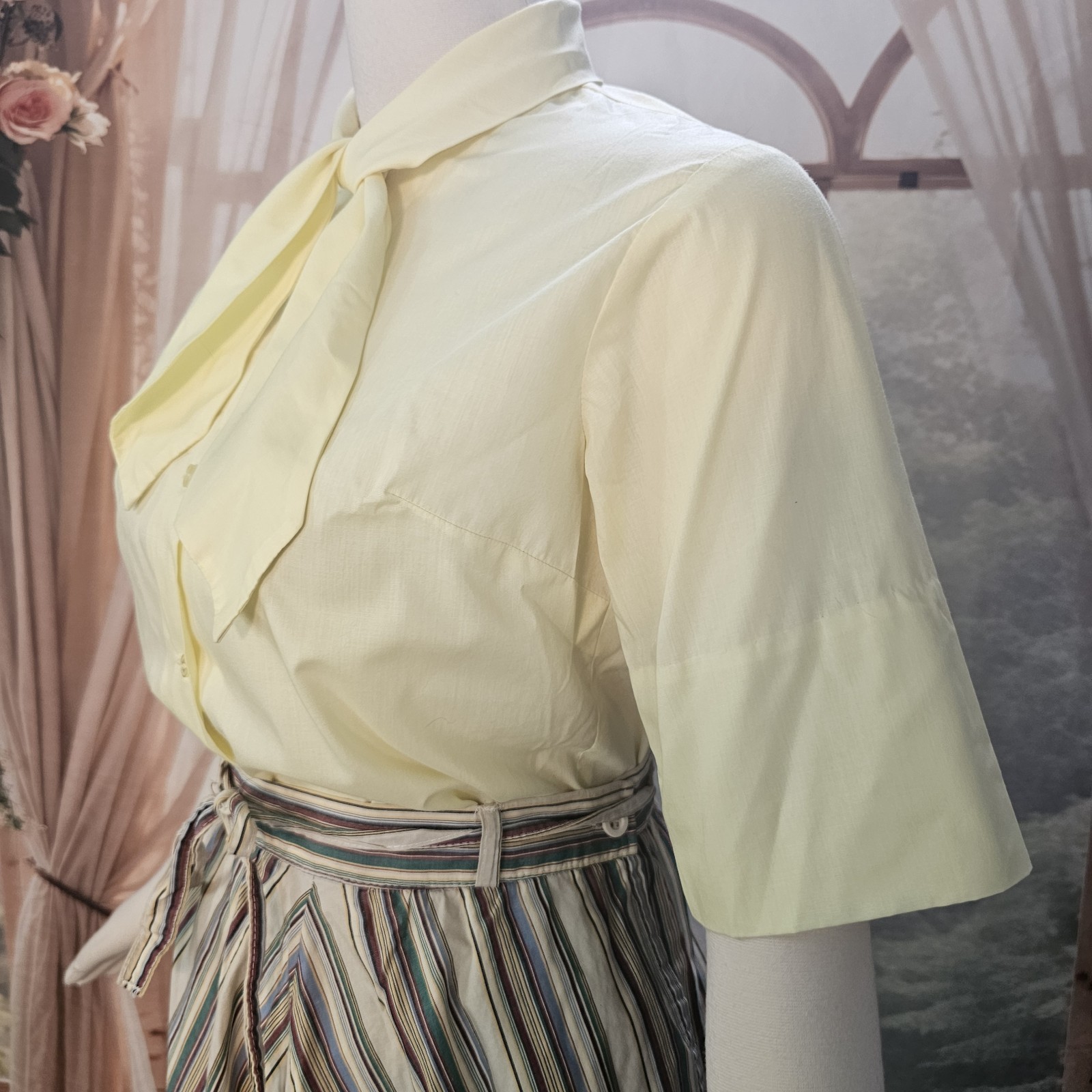Vintage 1960’s Blouse Top Shirt Pale Yellow Short Sleeve Bow Tie Secretary