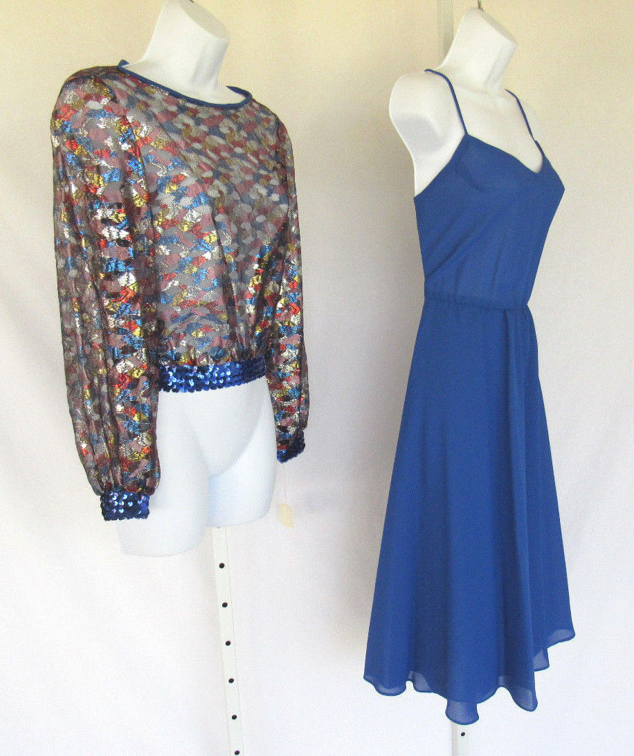 VINTAGE 1960s MARIE TORELLI DRESS & COVER SIZE 6 BLUE POLY ACETATE METALLIC NWT