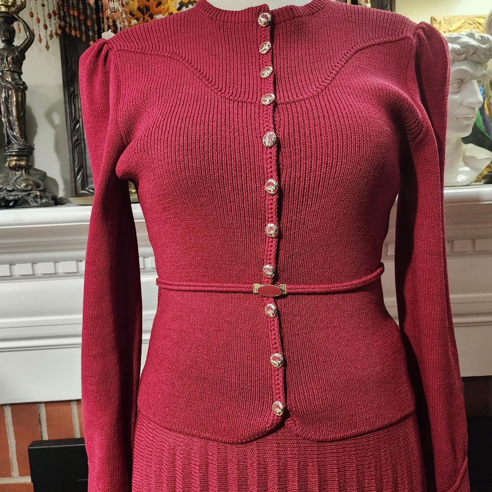 Vintage St John Marie Gray Red 3 Piece Knit Set Top Skirt Belt 60s Medium