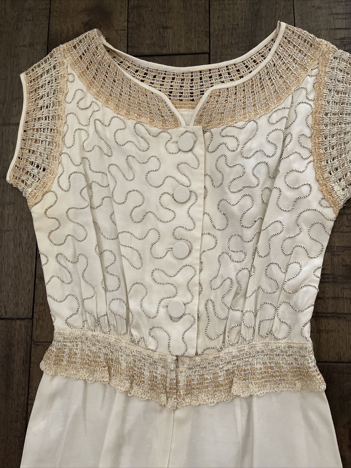 Vintage Paul Sachs Original Dress cream & gold accent fitted button back