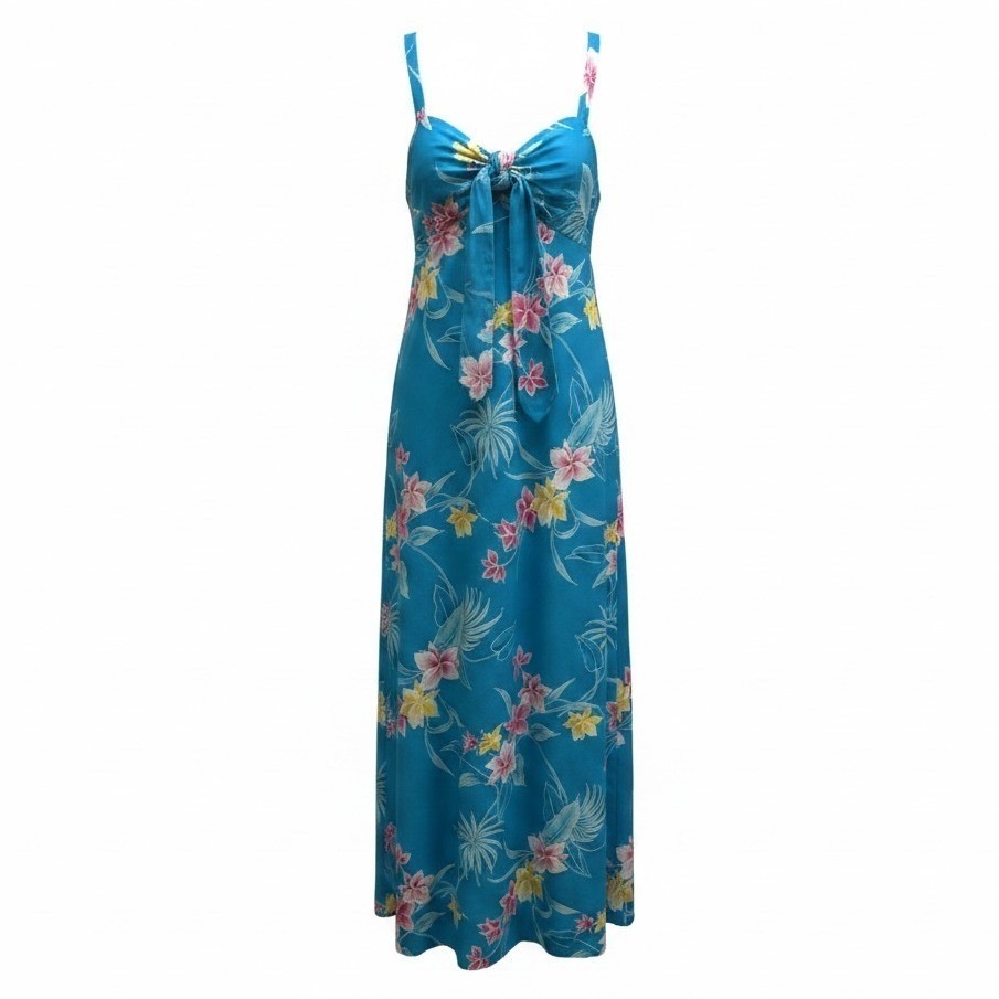 Vintage Kimos Polynesian Shop Hawaiian Maxi Dress Blue Floral Cotton Size 14