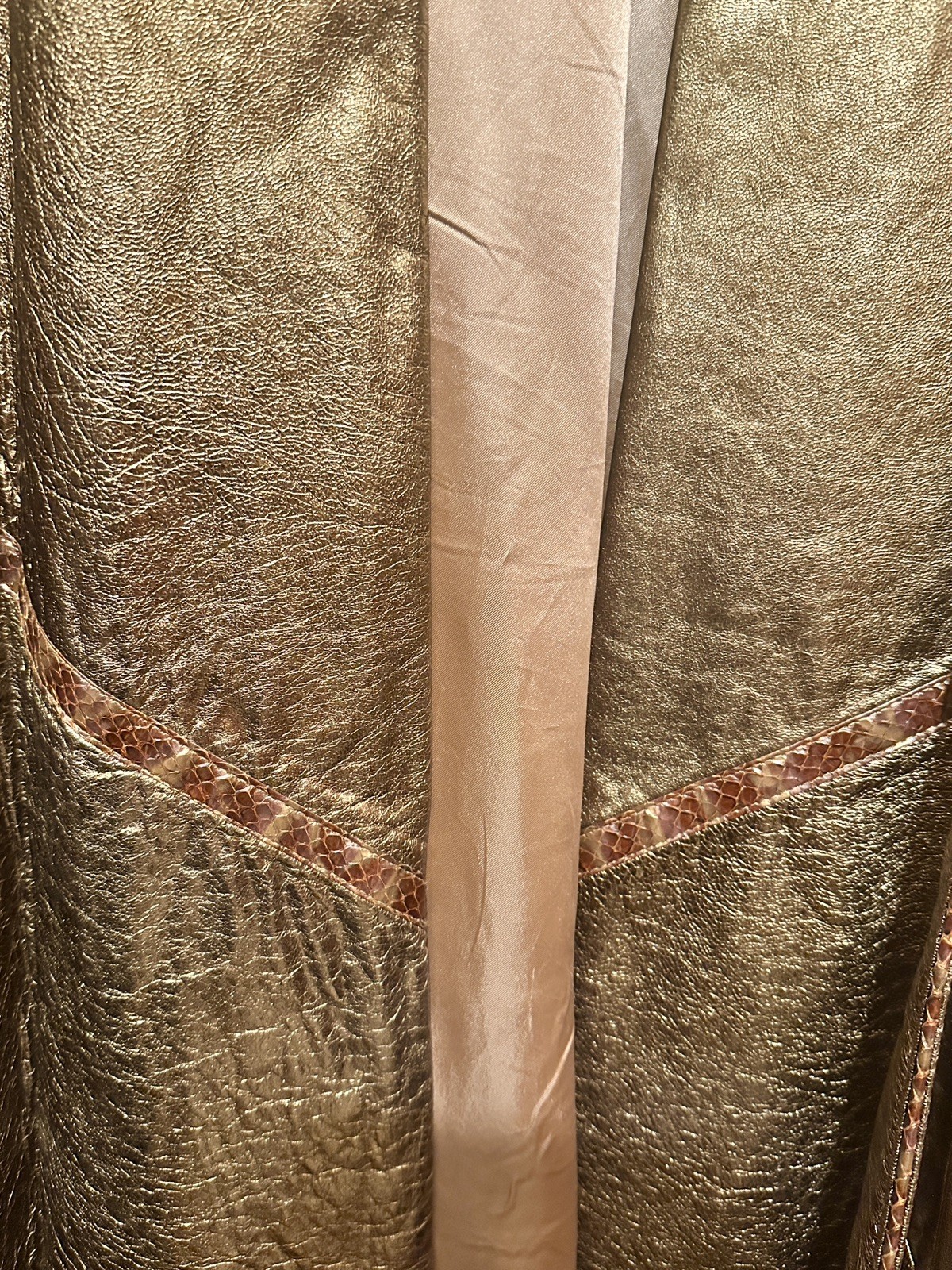 VTG 80s Kanar Gold Lame Metallic Leather Swing Coat Hollywood Glam XL / 2XL
