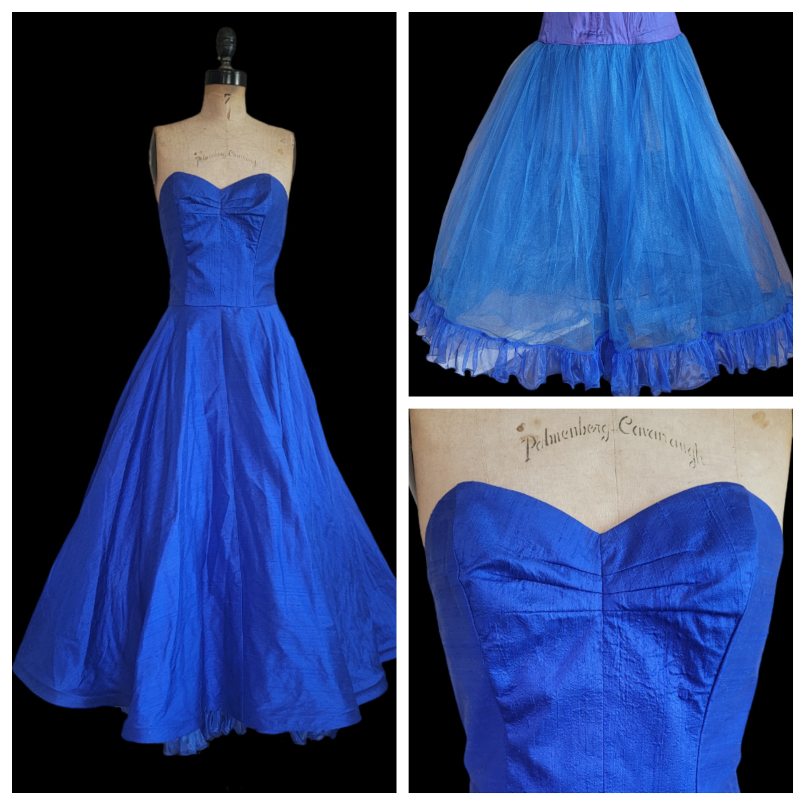Designer of the year 80s does 50s blue shantung silk dress matching crinoline S