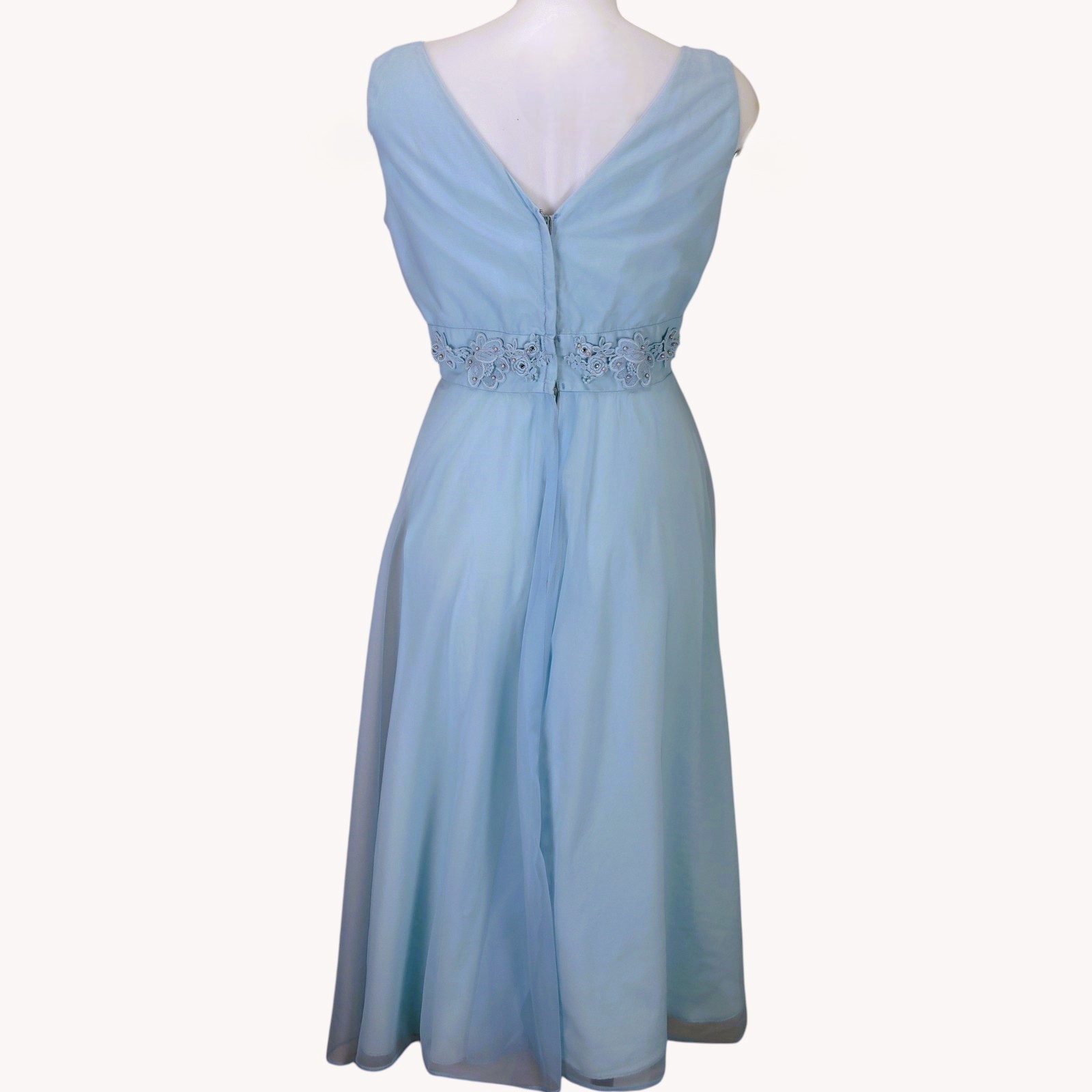 Vintage 1960s Aqua Blue Chiffon Bridesmaid Dress Midi Empire Waist Beaded 6-8