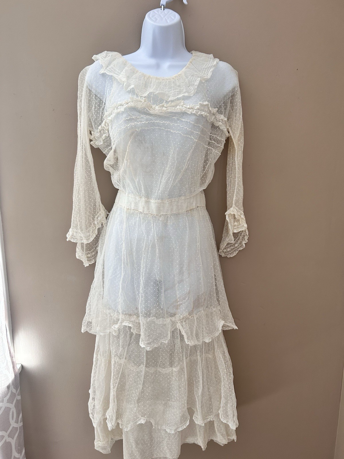 Antique Edwardian Dress 1920 Ivory Mesh Lace 32 XS S Vintage Wedding Gown