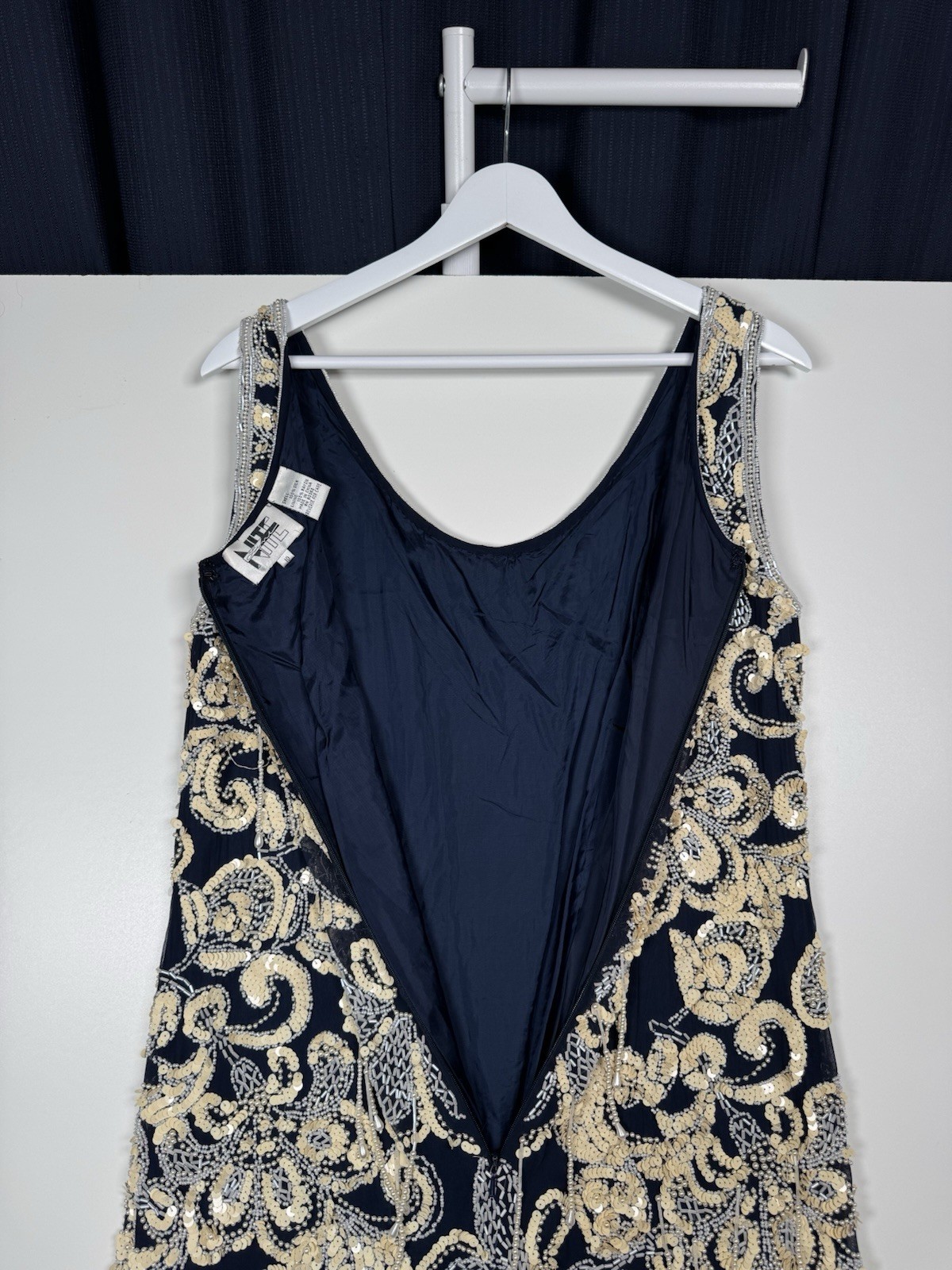 Vintage 80s 90s NITE LINE Beaded Sequin Silk Dress Blue Gold Floral Niteline 10